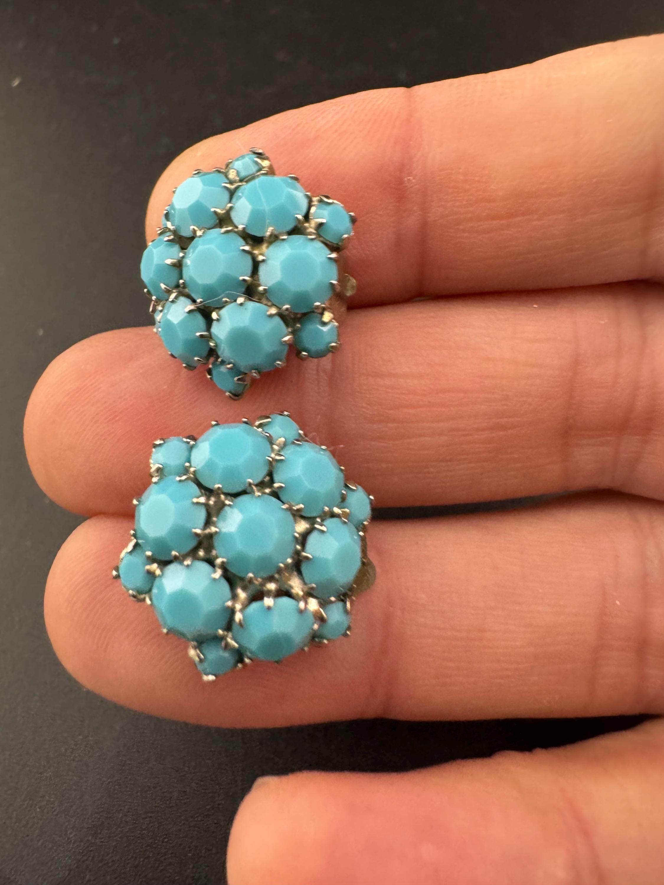 1970s Turquoise Glass Flower Earrings: Vintage Silver Tone Rhinestone Clip Ons