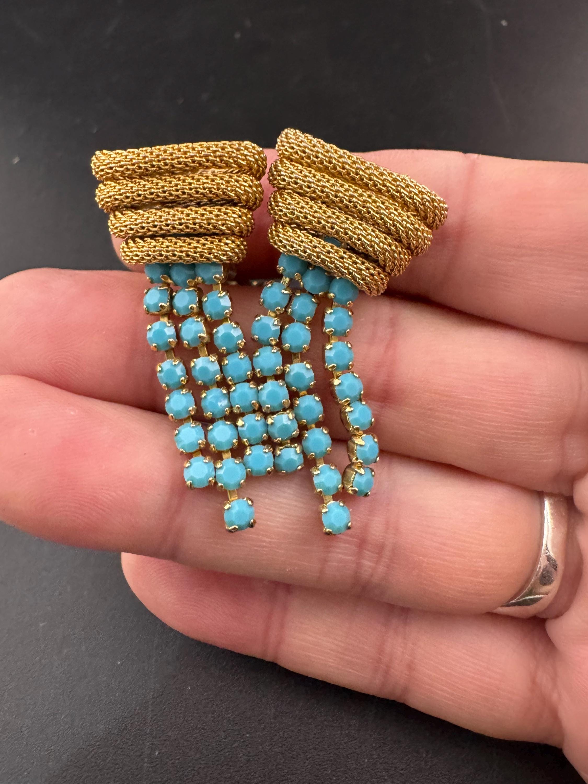 Vintage mesh Turquoise glass diamanté paste clip on drop tassel earrings