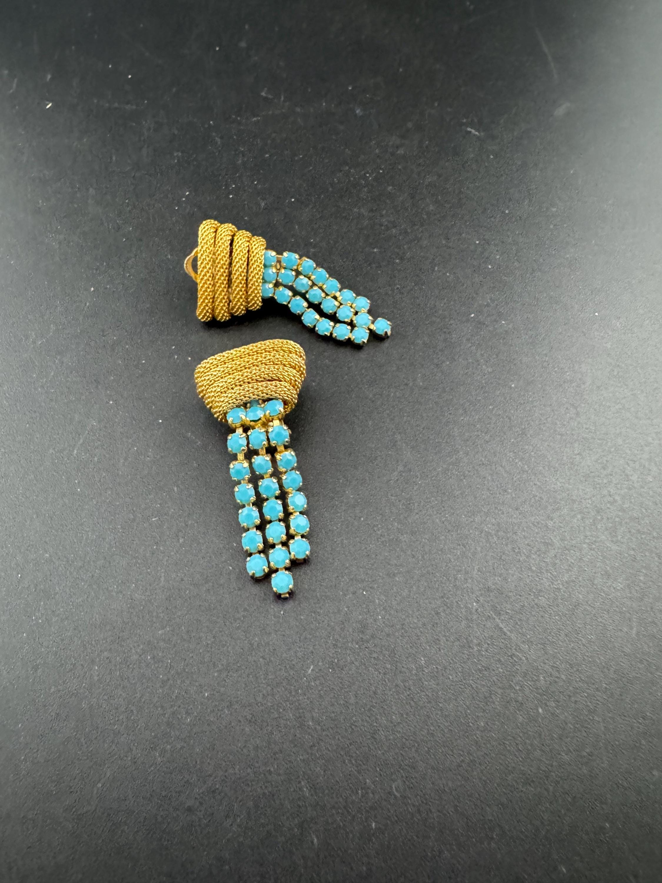 Vintage mesh Turquoise glass diamanté paste clip on drop tassel earrings