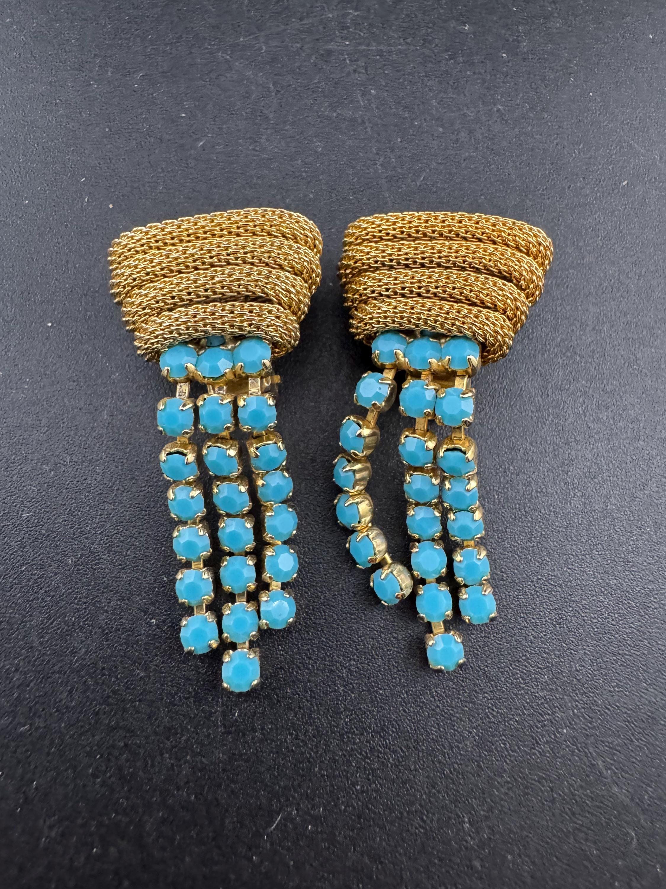 Vintage mesh Turquoise glass diamanté paste clip on drop tassel earrings