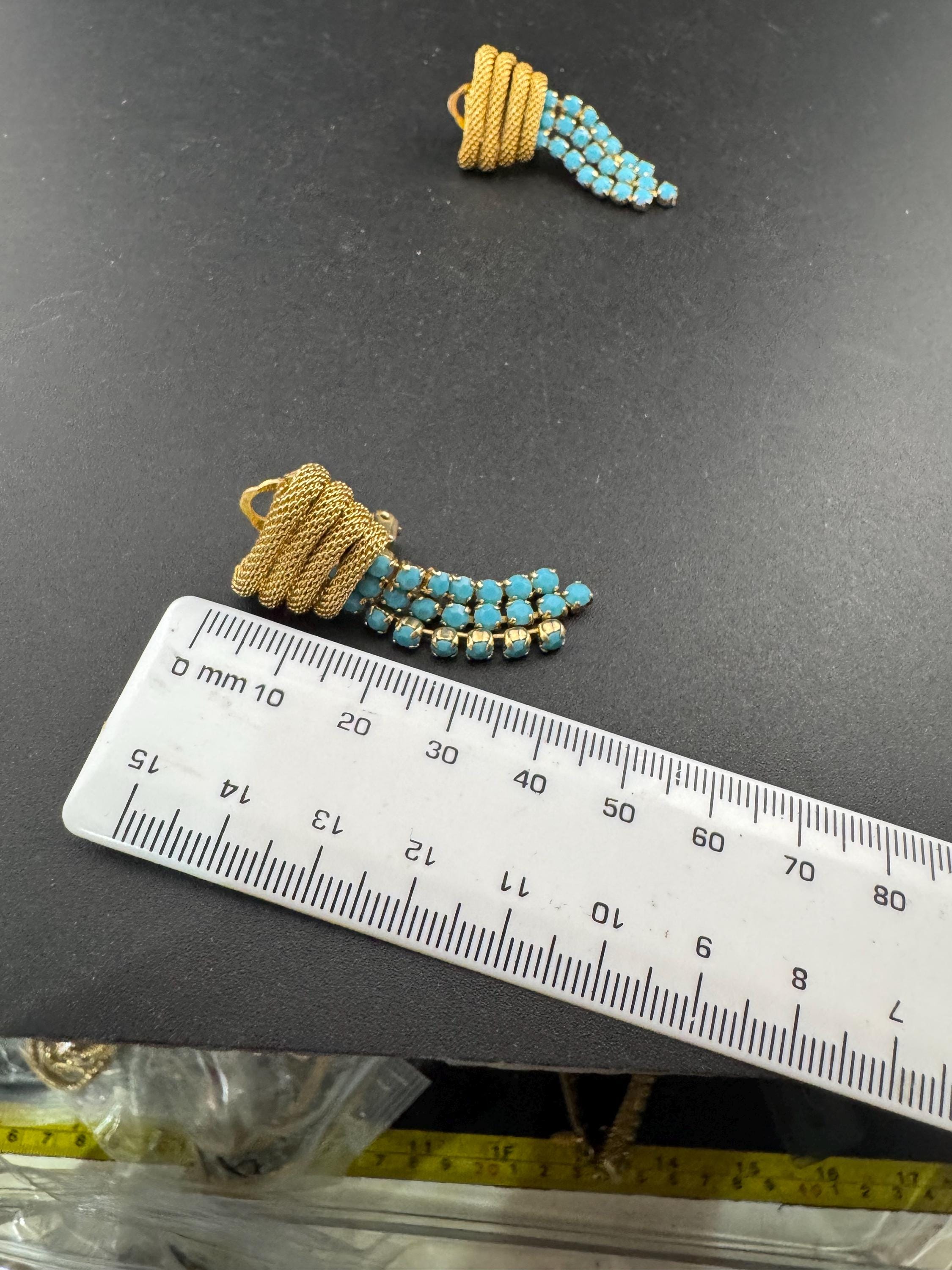 Vintage mesh Turquoise glass diamanté paste clip on drop tassel earrings