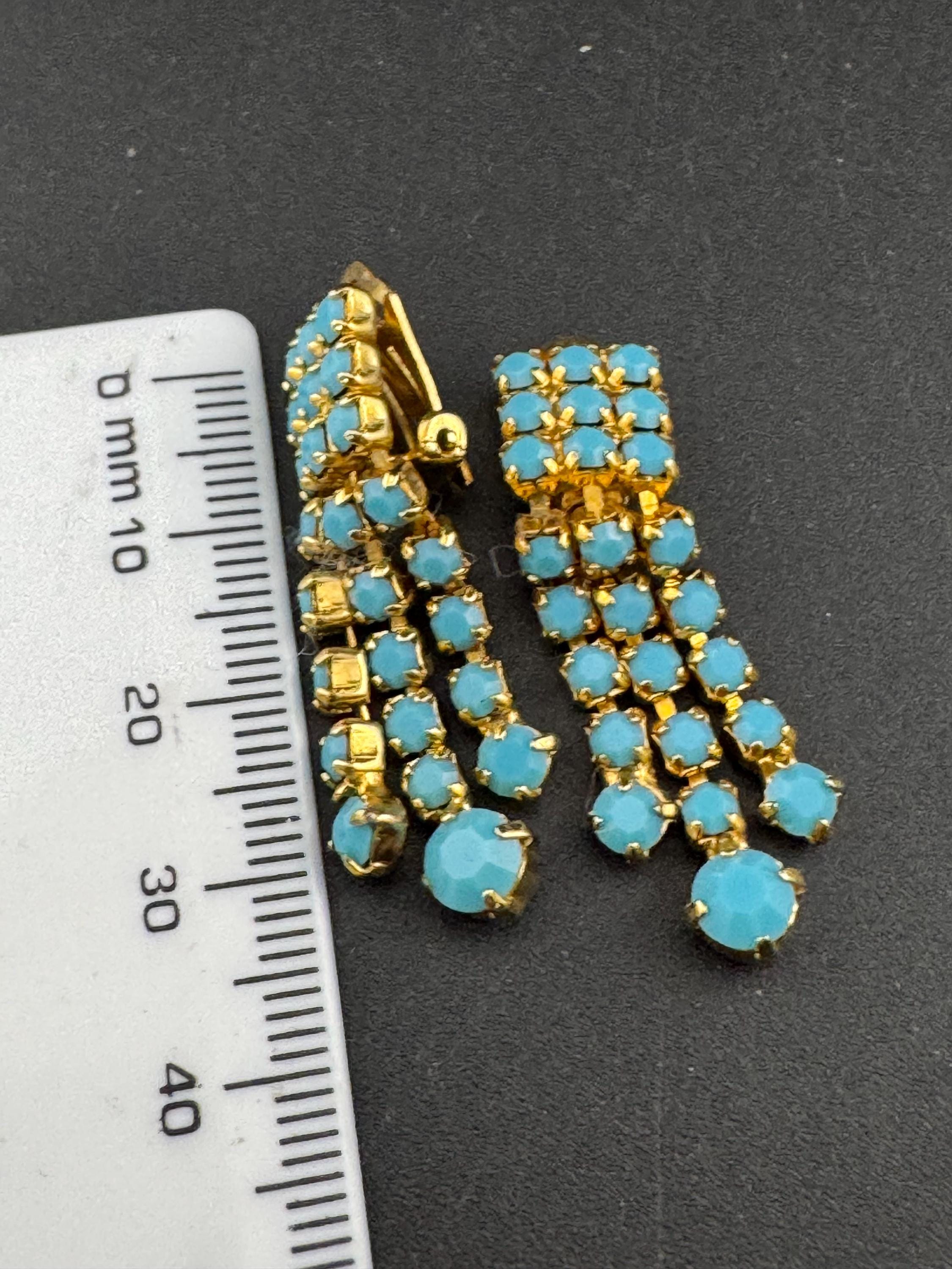 Vintage gold plated mesh Turquoise glass diamanté paste clip on drop tassel earrings