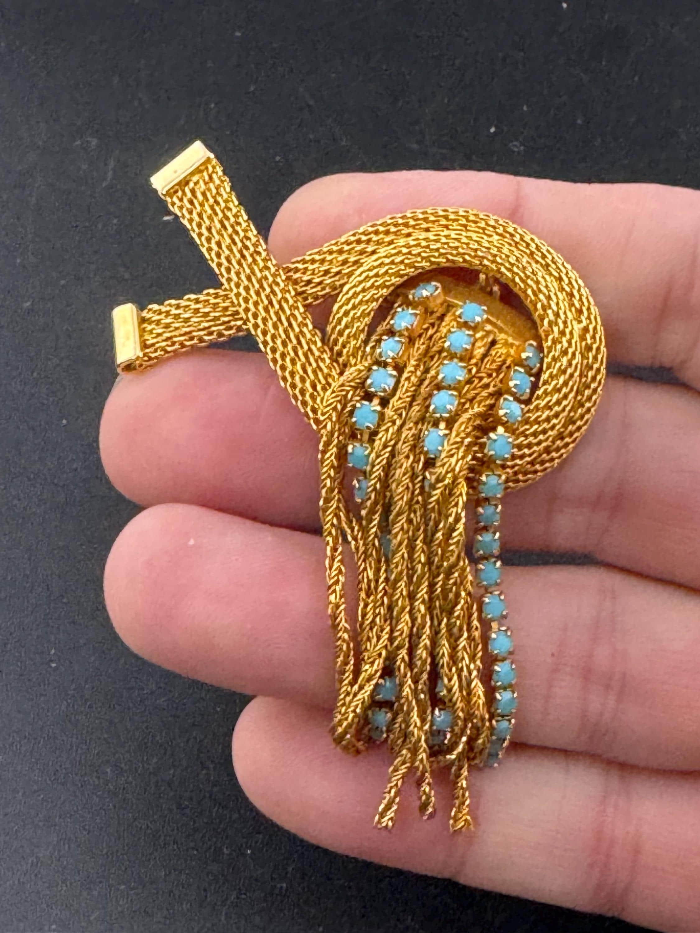 vintage gold plated mesh turquoise rhinestone abstract waterfall rope chain drop dangle brooch