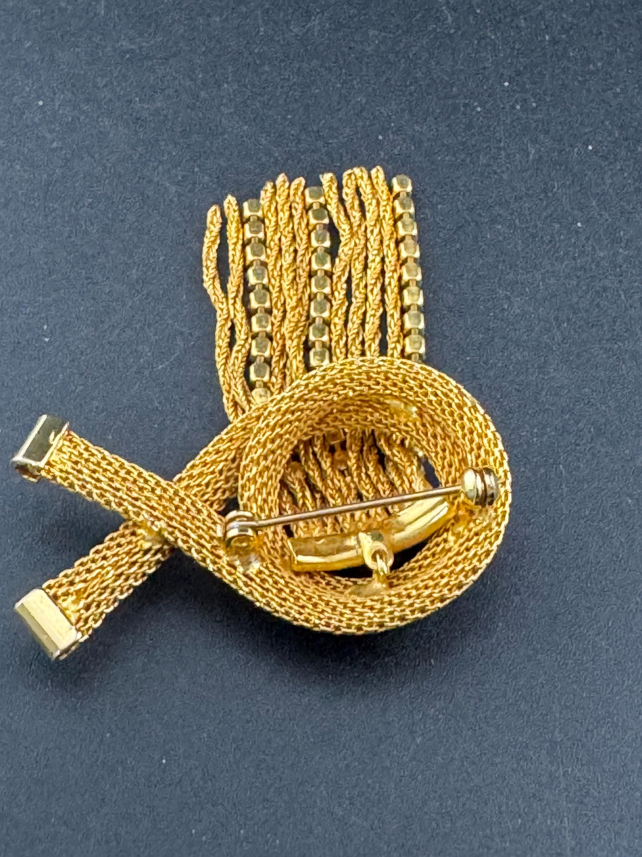 vintage gold plated mesh turquoise rhinestone abstract waterfall rope chain drop dangle brooch