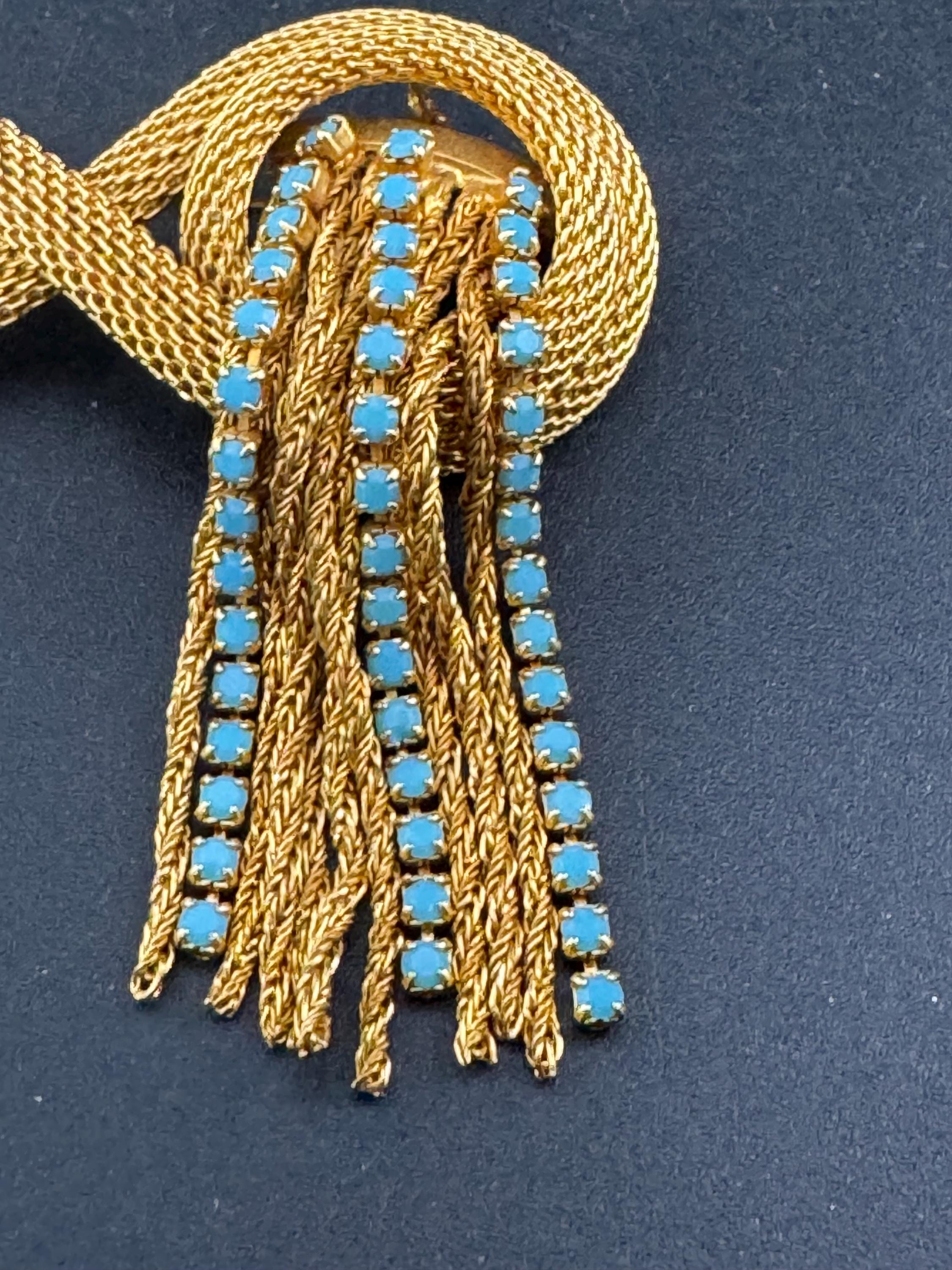 vintage gold plated mesh turquoise rhinestone abstract waterfall rope chain drop dangle brooch