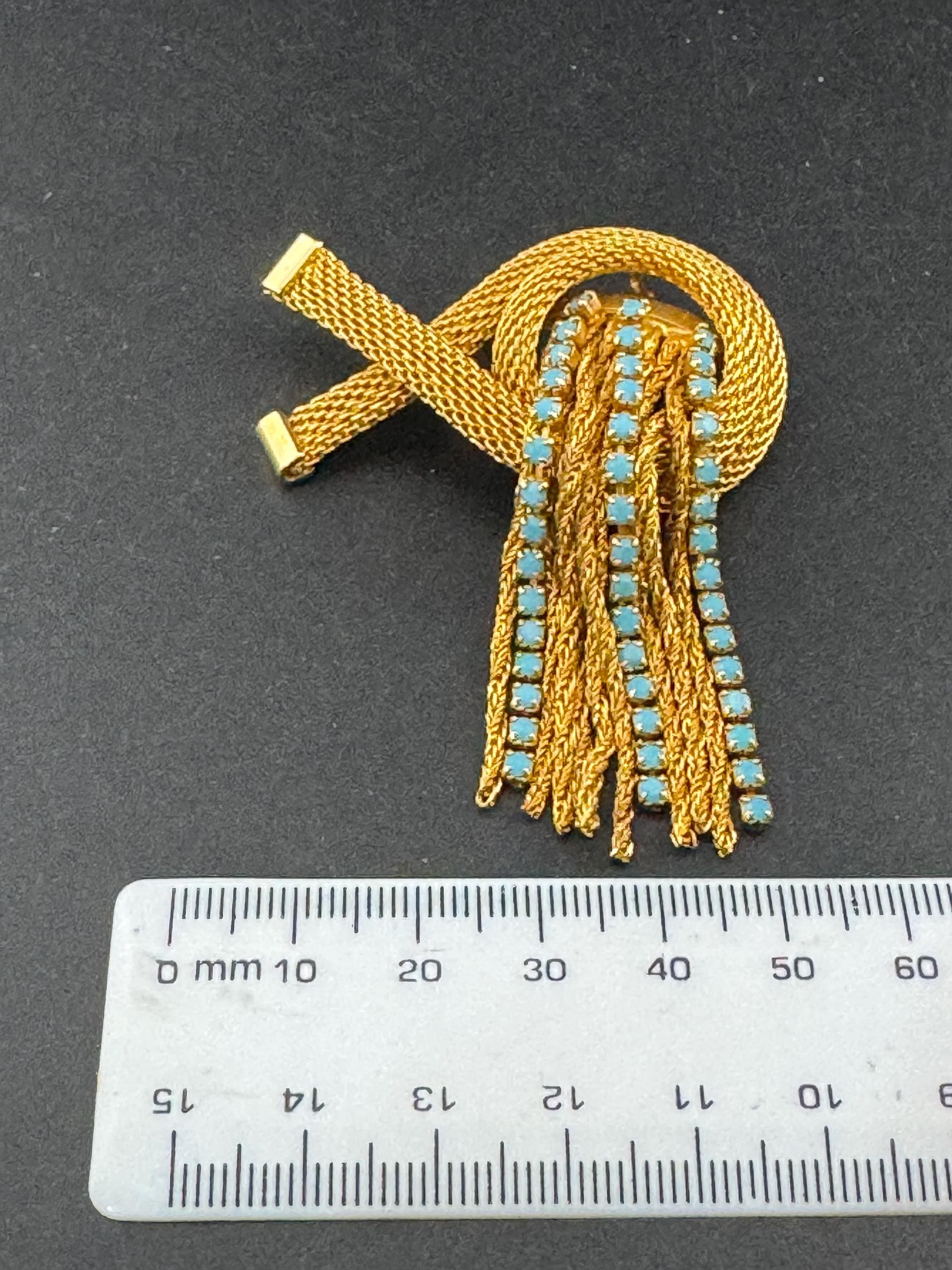 vintage gold plated mesh turquoise rhinestone abstract waterfall rope chain drop dangle brooch