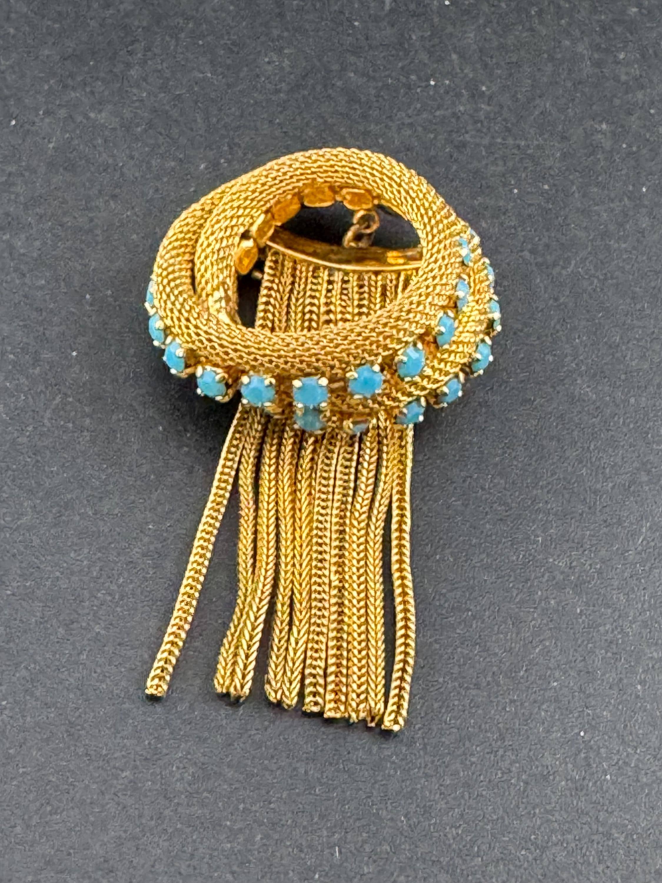 vintage gold plated mesh turquoise rhinestone abstract waterfall rope chain drop dangle brooch