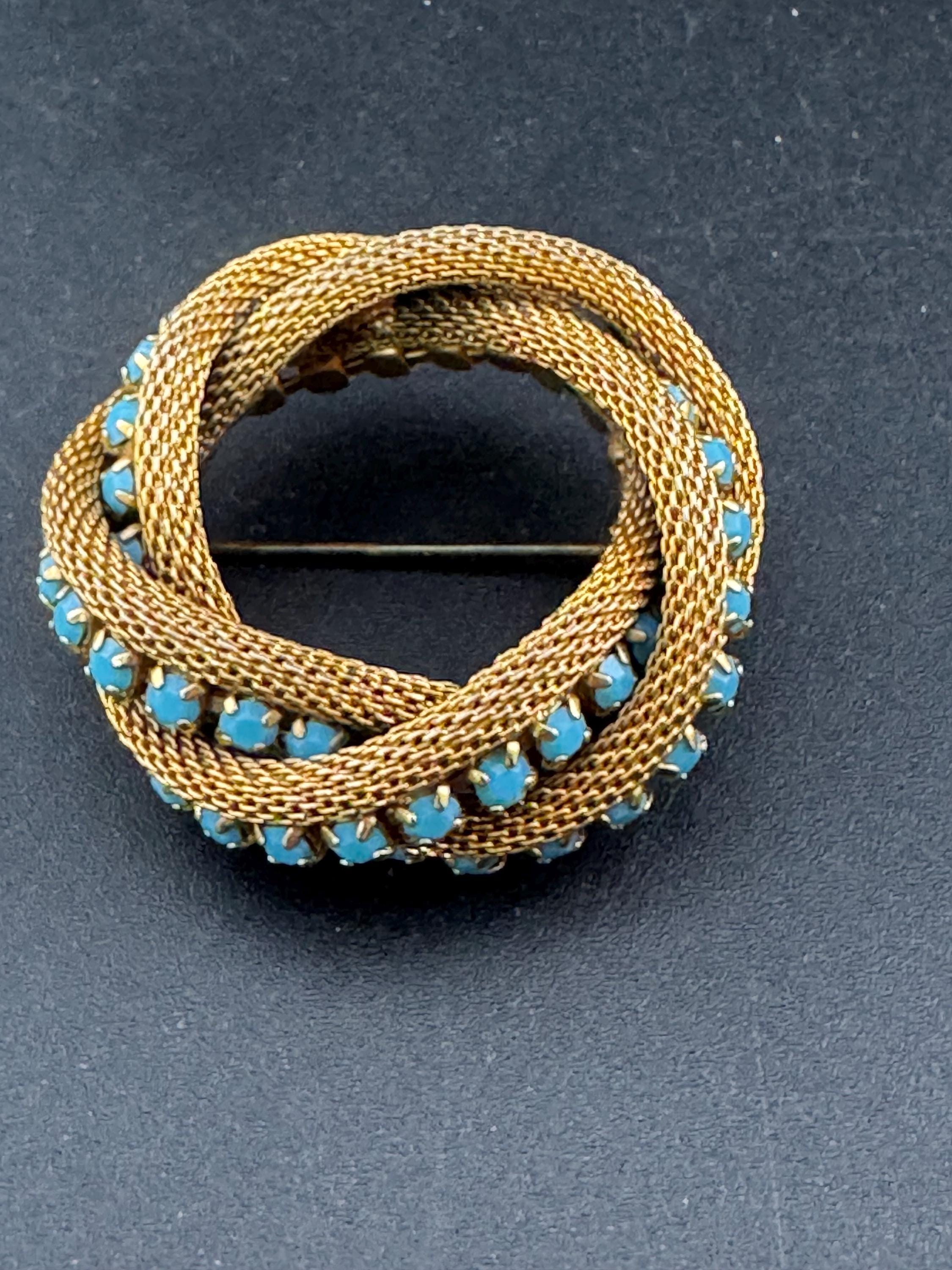 vintage modernist mid century gold plated mesh turquoise rhinestone abstract swirl round knot brooch 4cm 1960s
