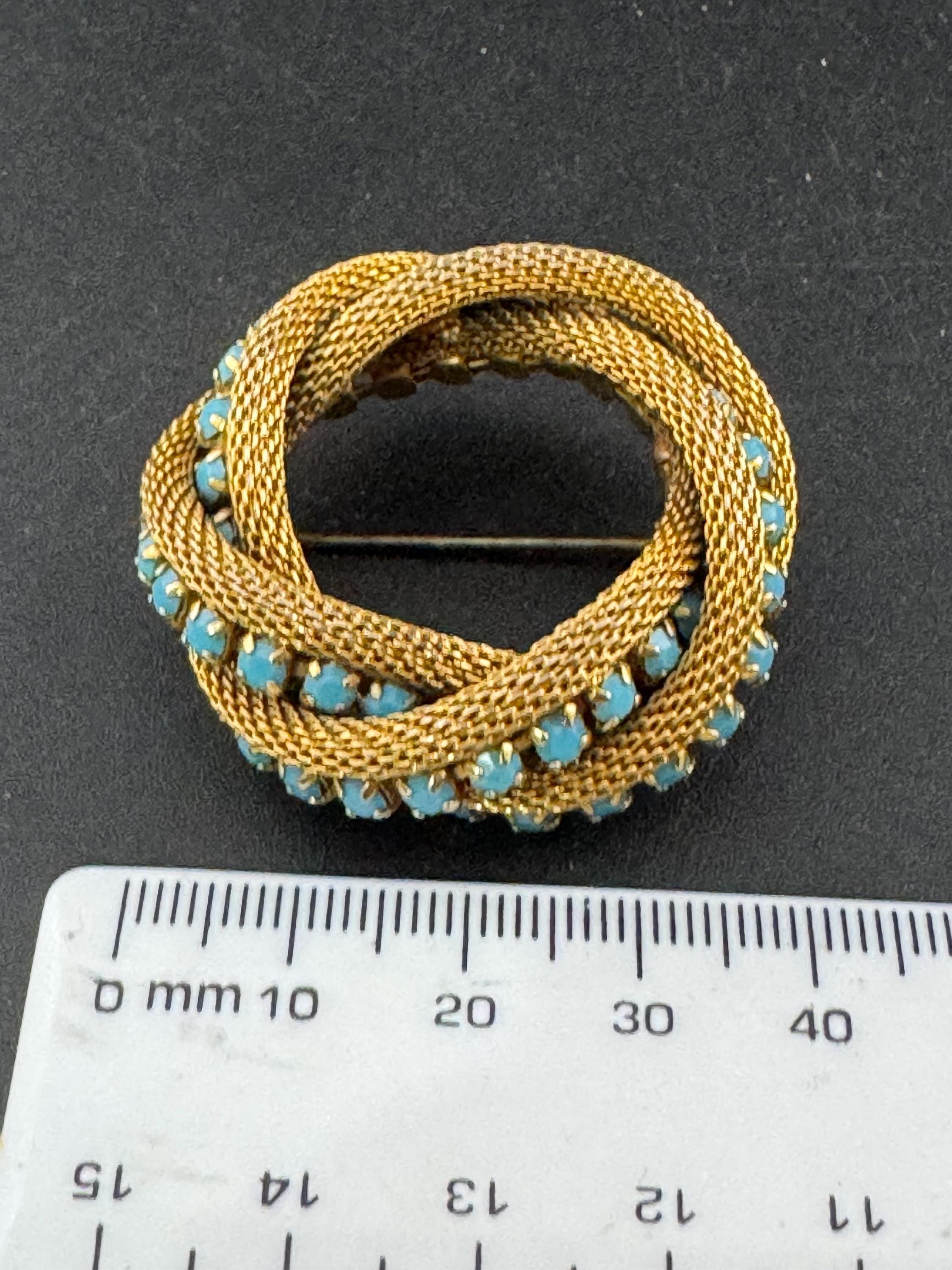 vintage modernist mid century gold plated mesh turquoise rhinestone abstract swirl round knot brooch 4cm 1960s