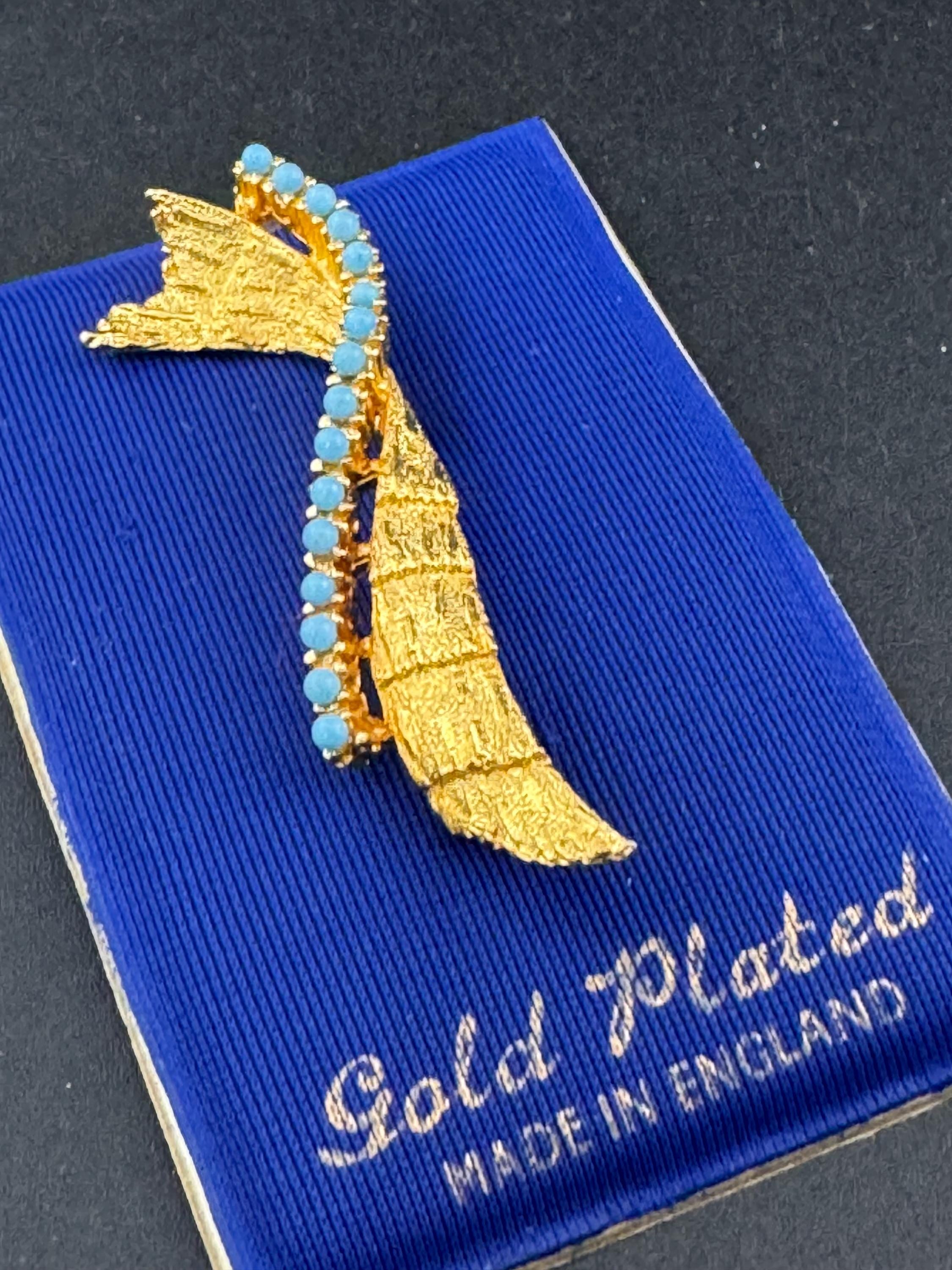 gold plated, vintage turquoise beaded abstract brooch textured finish 1960s modernist mid century