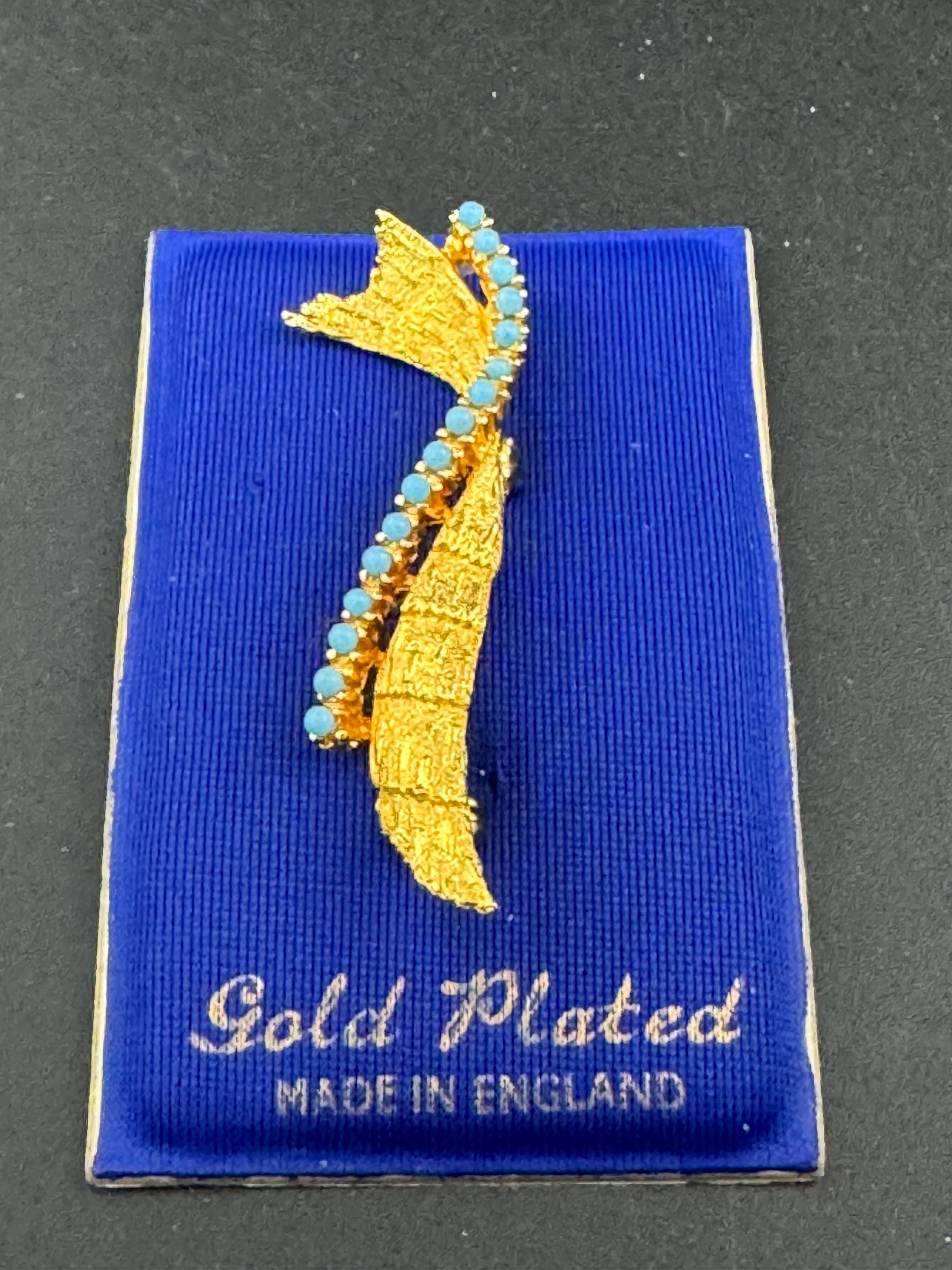 gold plated, vintage turquoise beaded abstract brooch textured finish 1960s modernist mid century