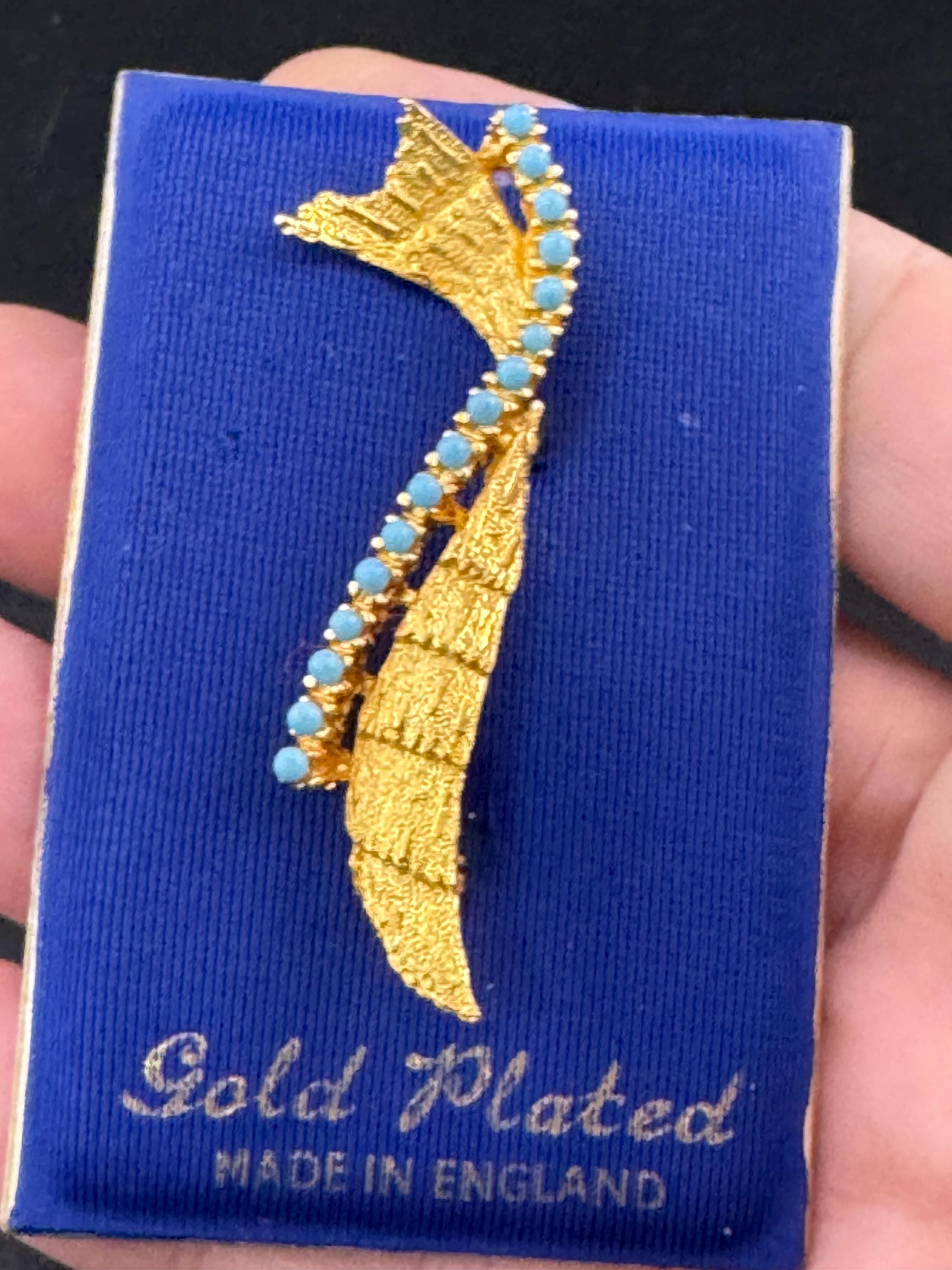 gold plated, vintage turquoise beaded abstract brooch textured finish 1960s modernist mid century