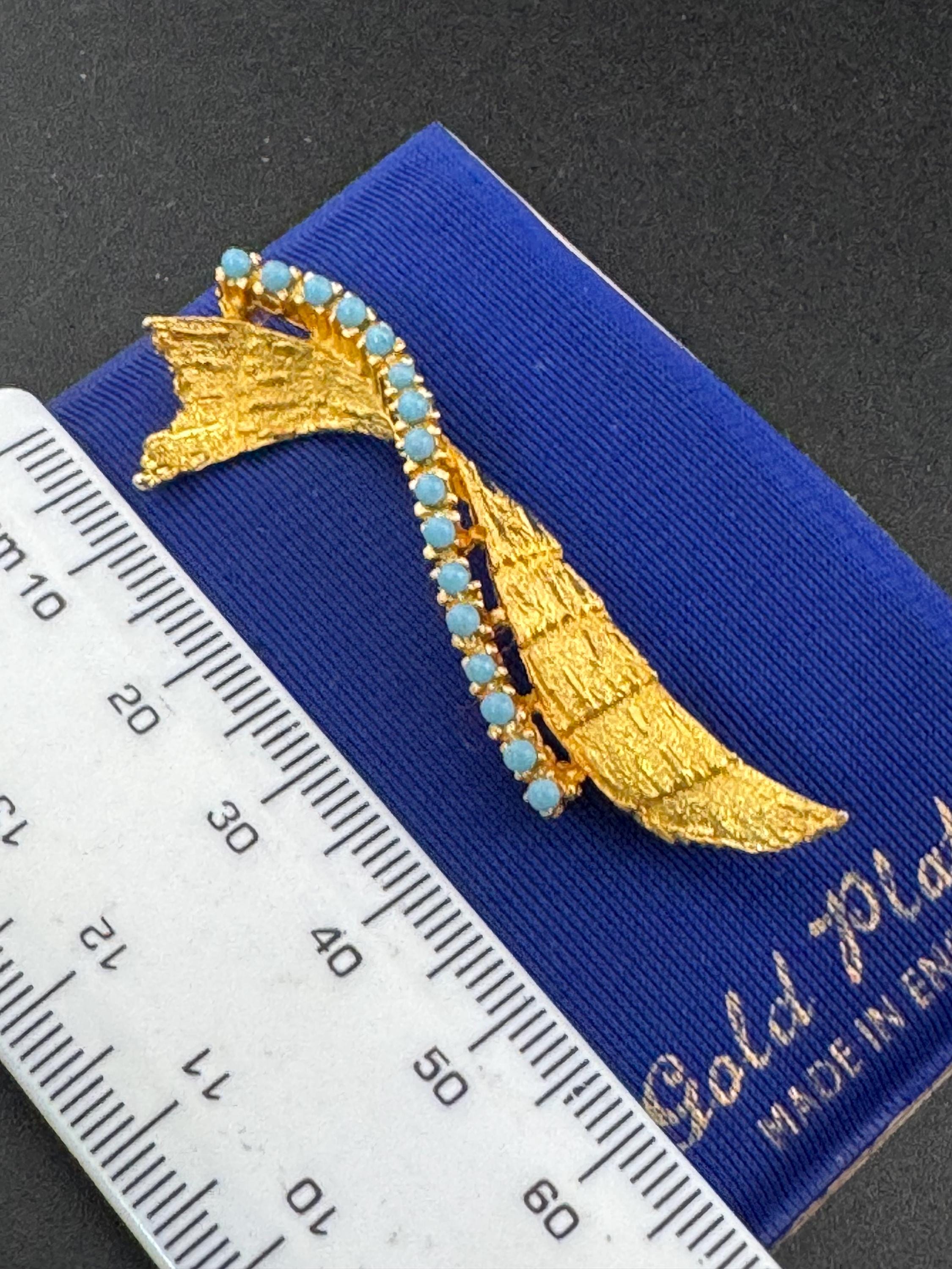 gold plated, vintage turquoise beaded abstract brooch textured finish 1960s modernist mid century