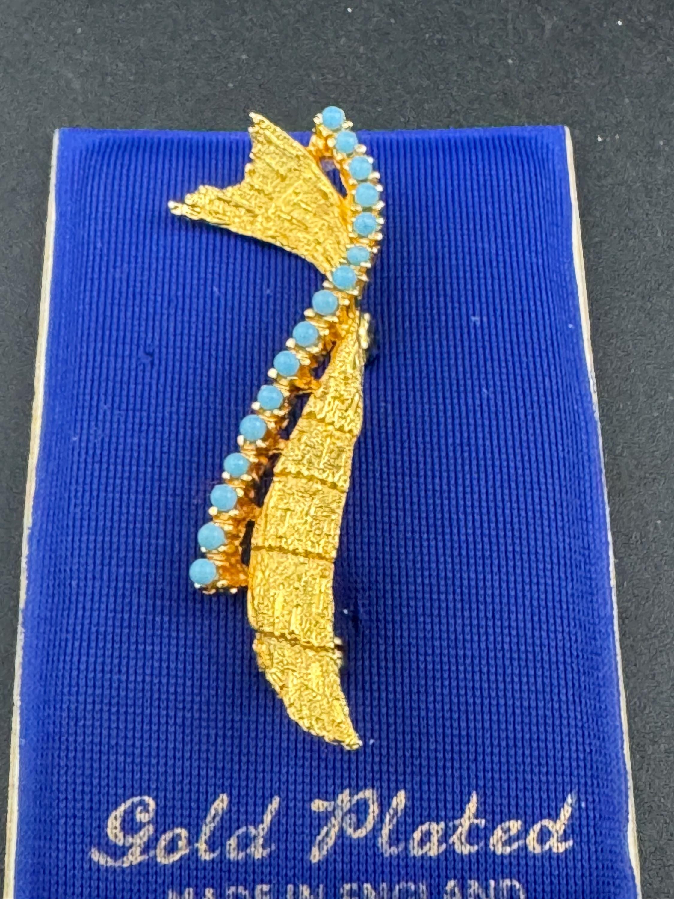 gold plated, vintage turquoise beaded abstract brooch textured finish 1960s modernist mid century