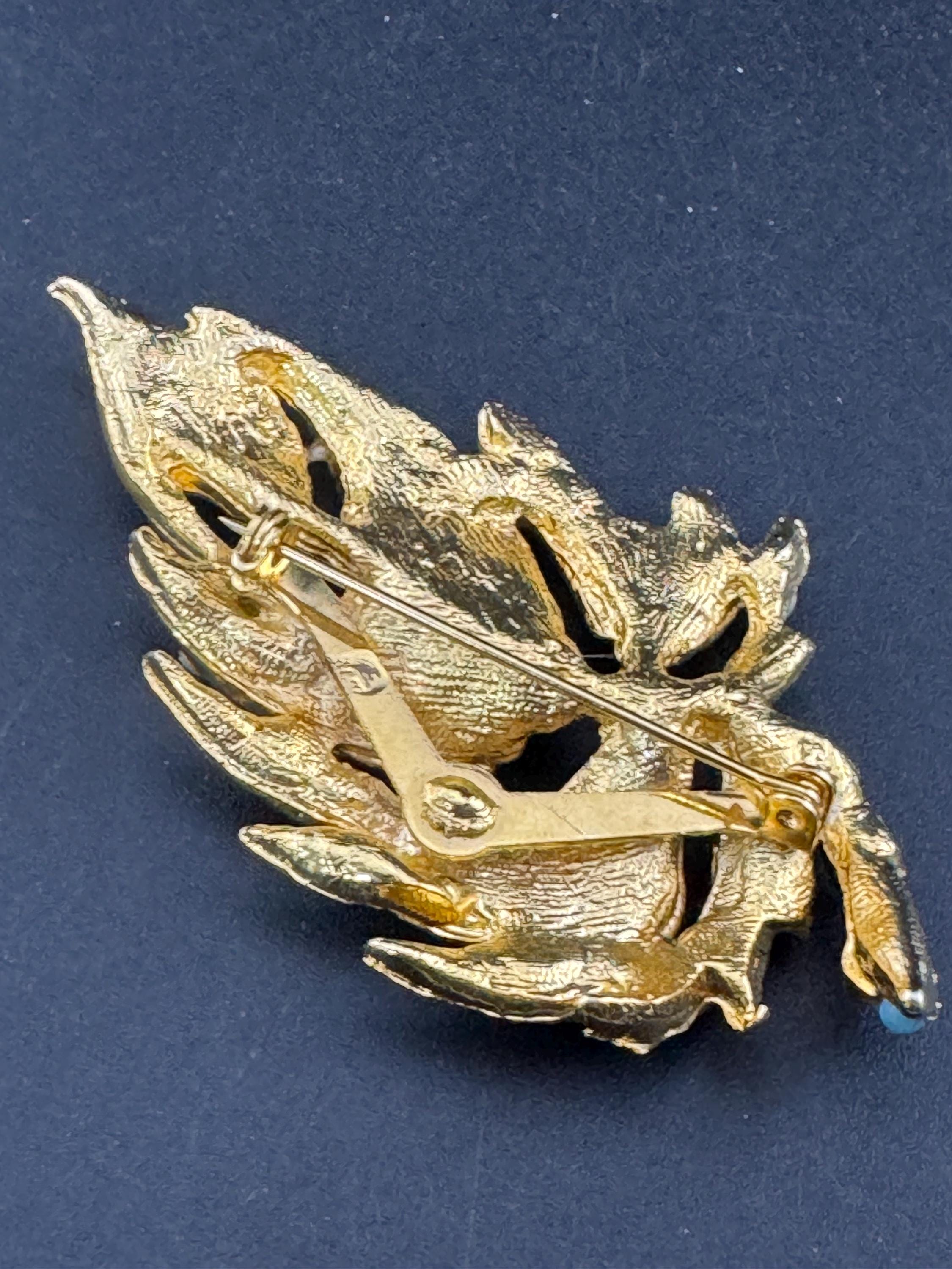 Vintage Gold Tone Leaf Brooch: Turquoise & Seed Pearl Beaded, 1960s Style