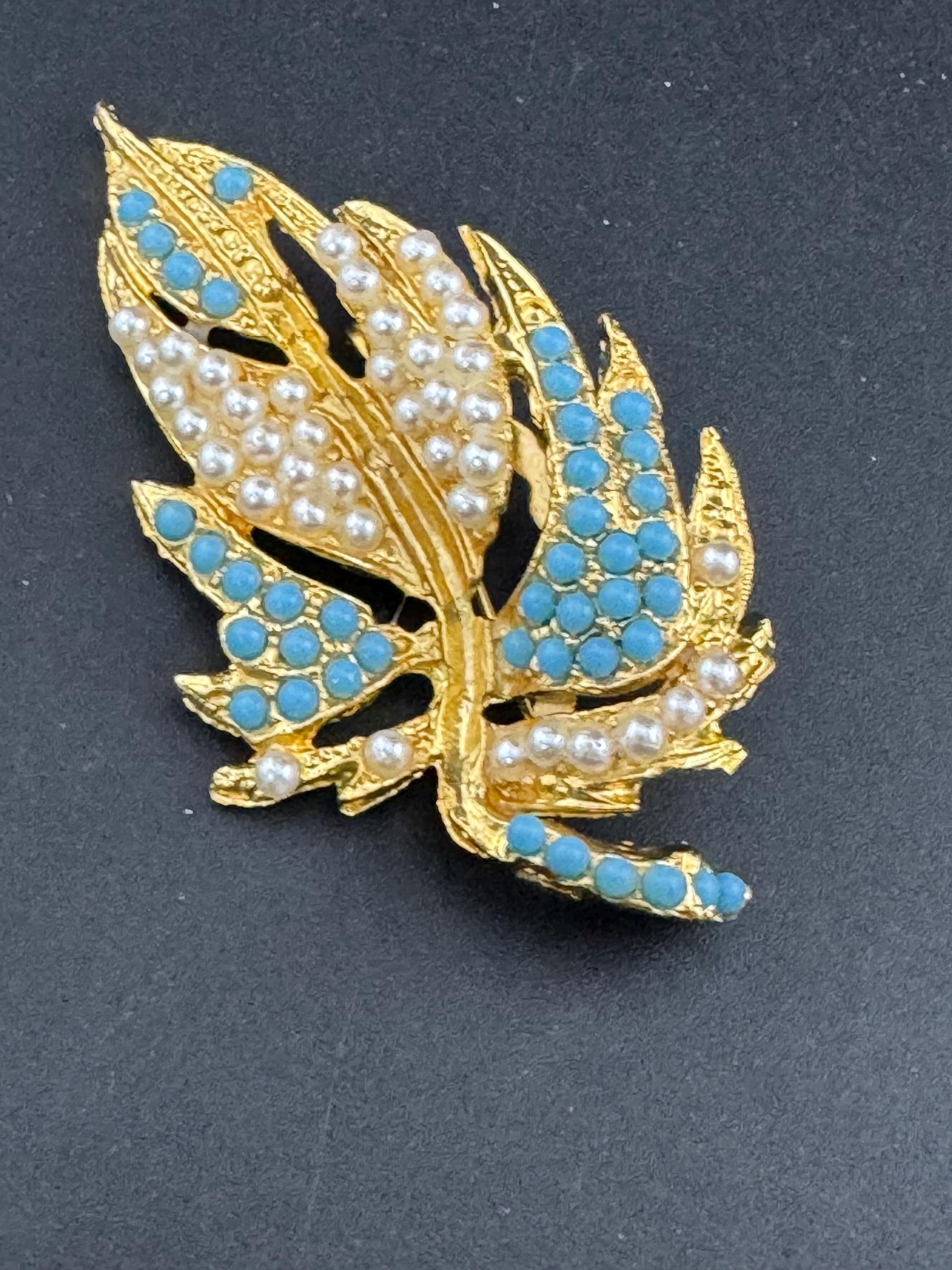 Vintage Gold Tone Leaf Brooch: Turquoise & Seed Pearl Beaded, 1960s Style