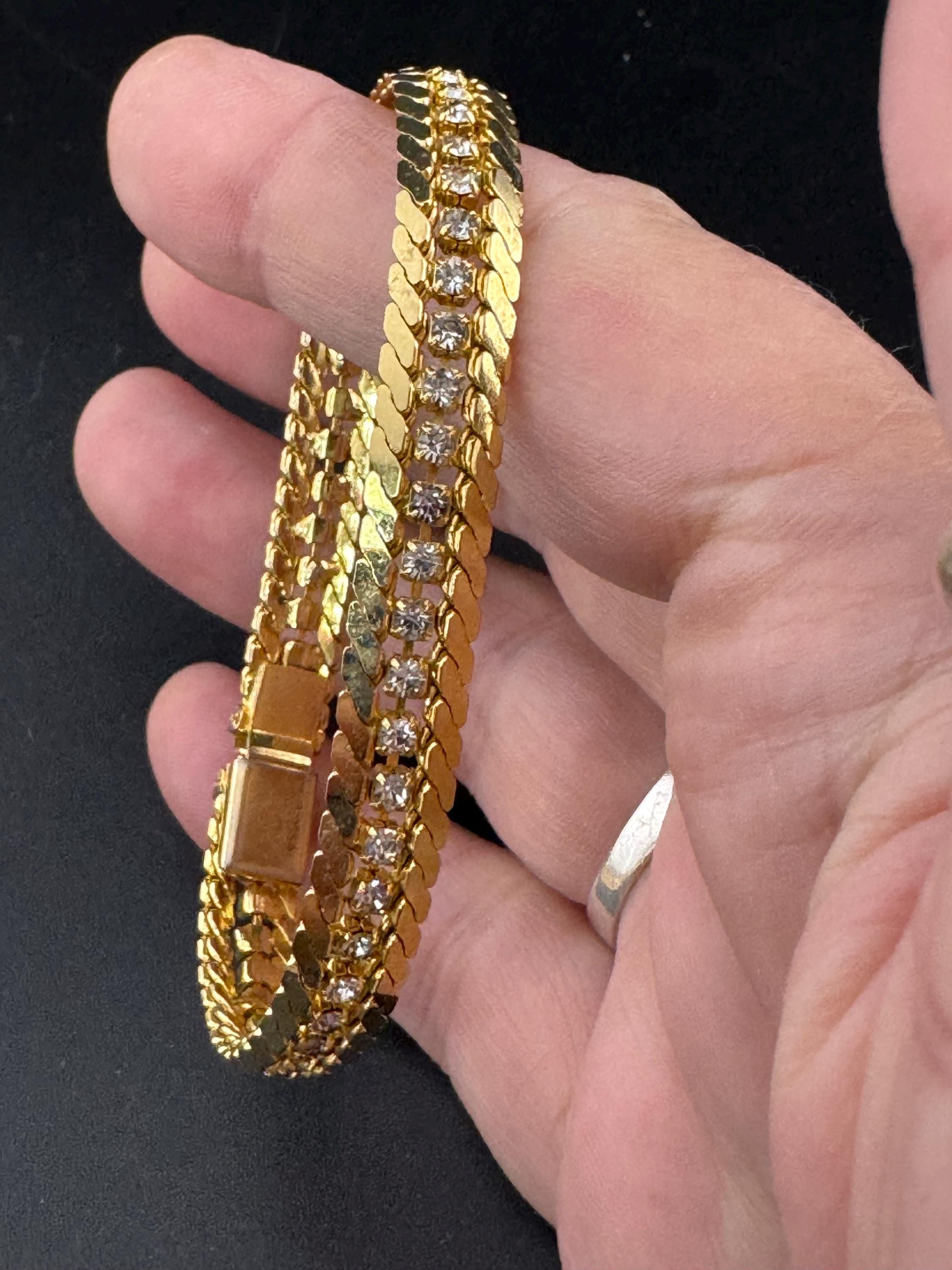 Vintage 1960s Gold Tone Diamanté Bracelet: Rope Edge, Clear Glass Stones