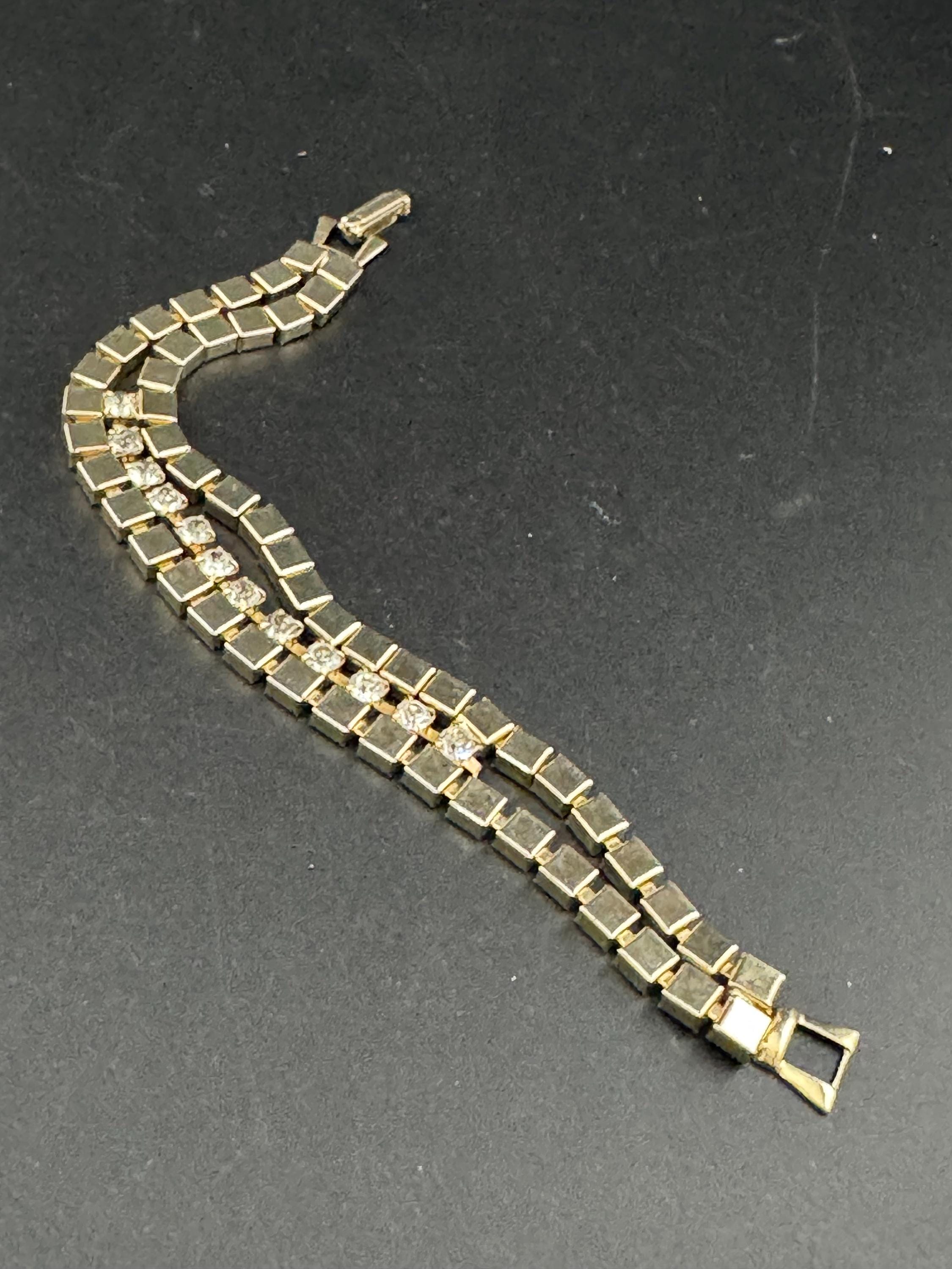 Vintage 1960s Gold Tone Brick Link Bracelet: Diamanté Glass Stones