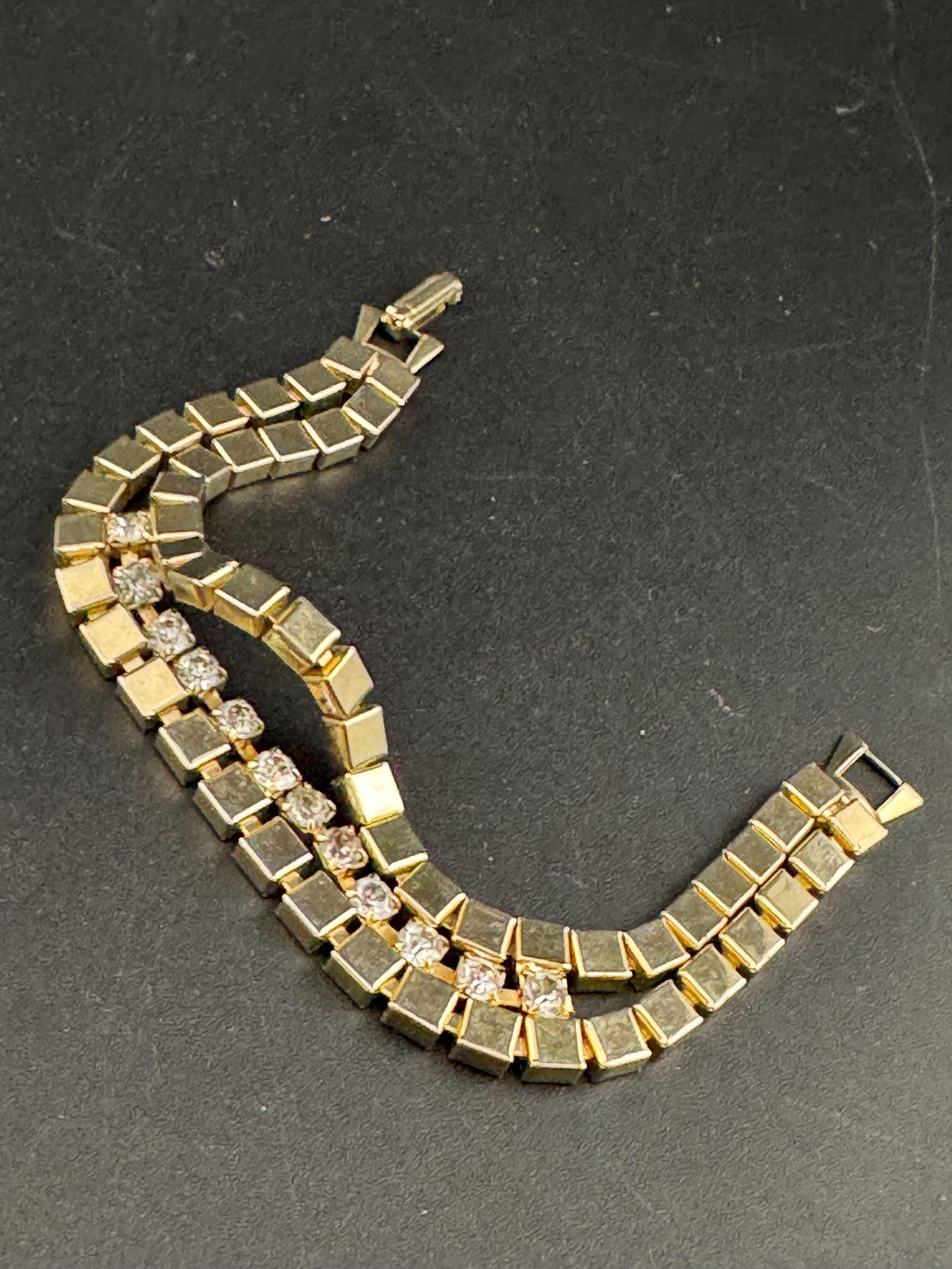 Vintage 1960s Gold Tone Brick Link Bracelet: Diamanté Glass Stones