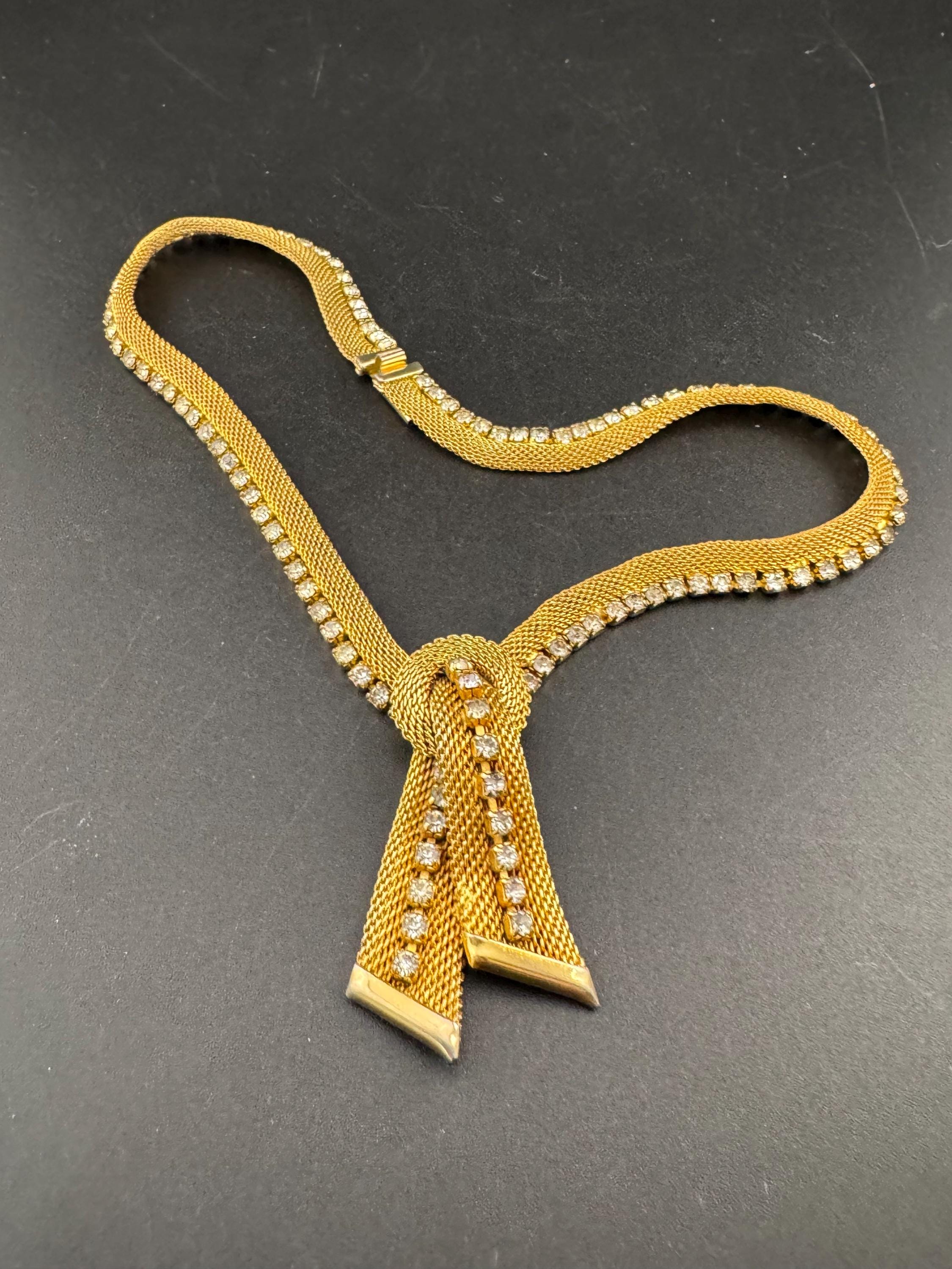 Vintage gold tone mesh & Clear paste diamanté waterfall lariat necklace