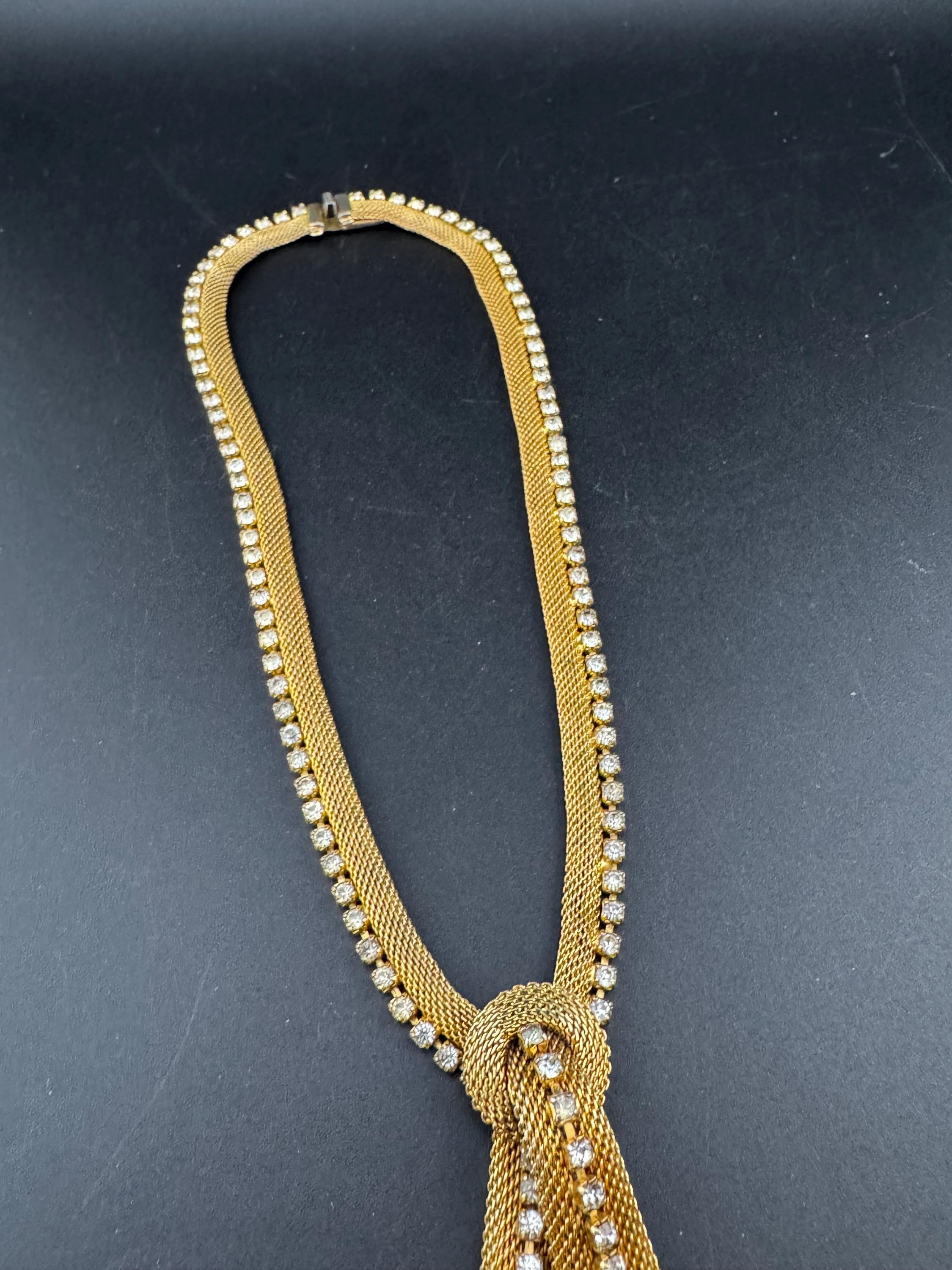Vintage gold tone mesh & Clear paste diamanté waterfall lariat necklace