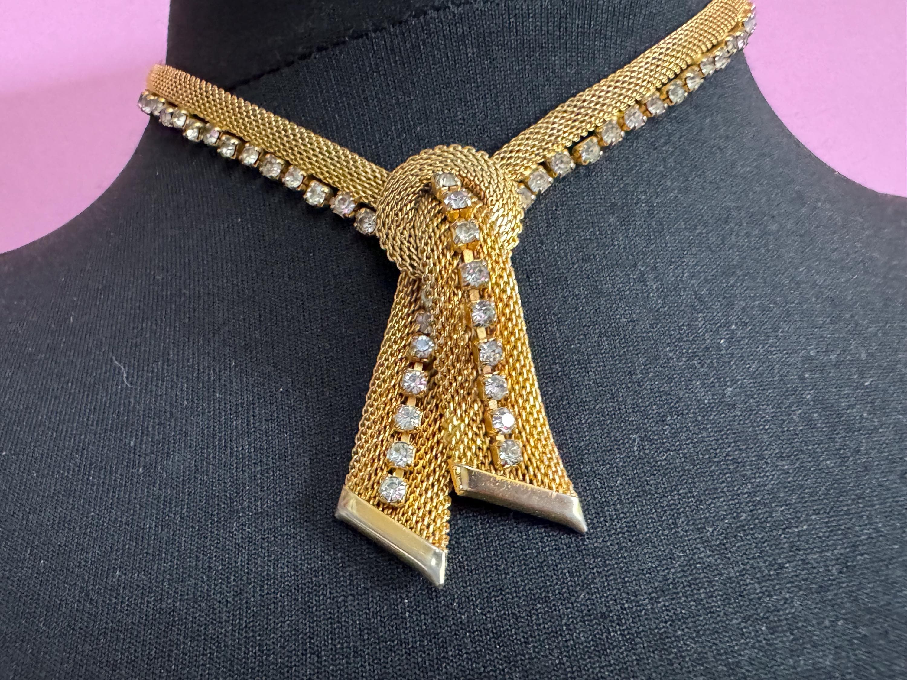 Vintage gold tone mesh & Clear paste diamanté waterfall lariat necklace