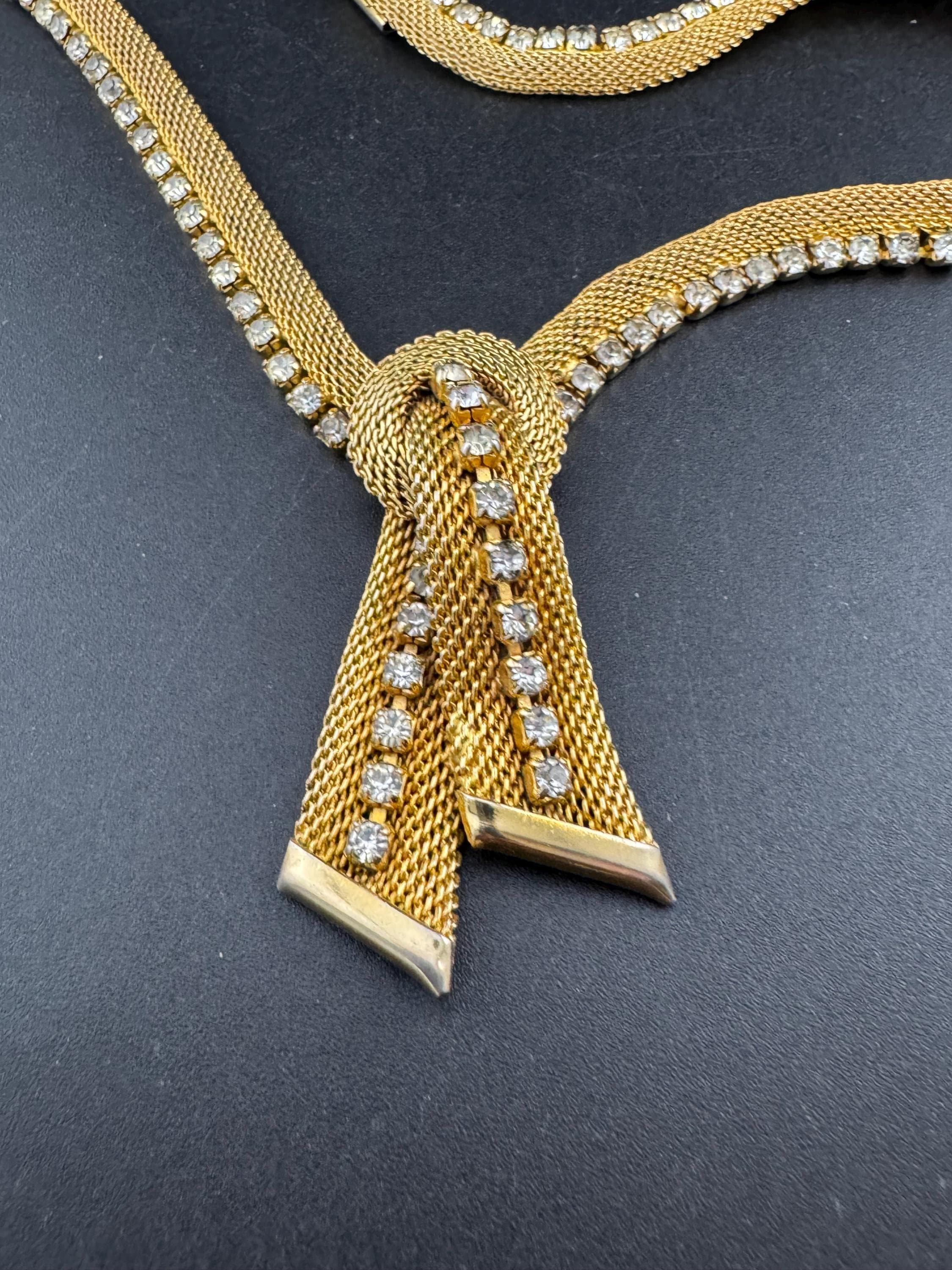 Vintage gold tone mesh & Clear paste diamanté waterfall lariat necklace
