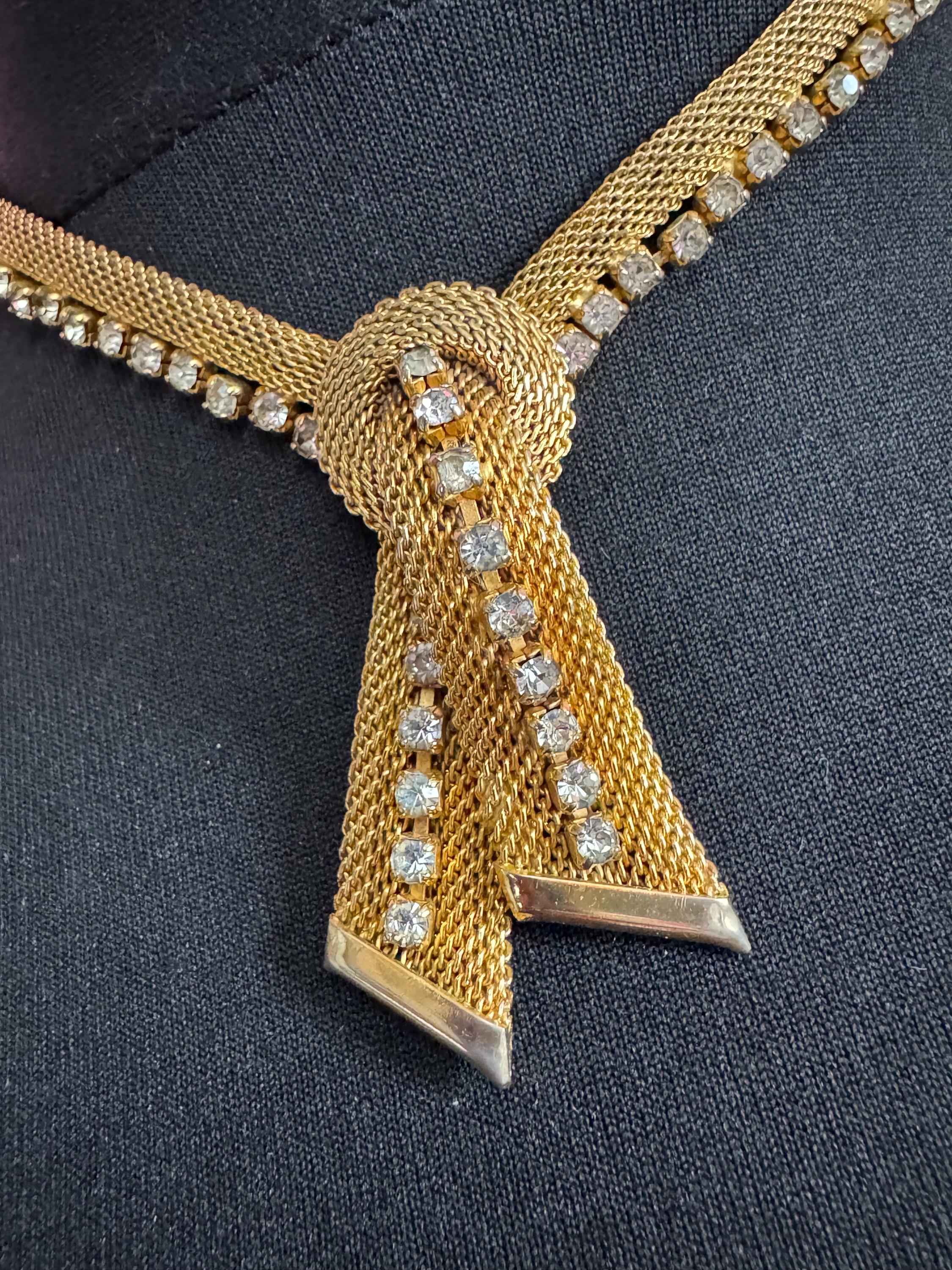 Vintage gold tone mesh & Clear paste diamanté waterfall lariat necklace