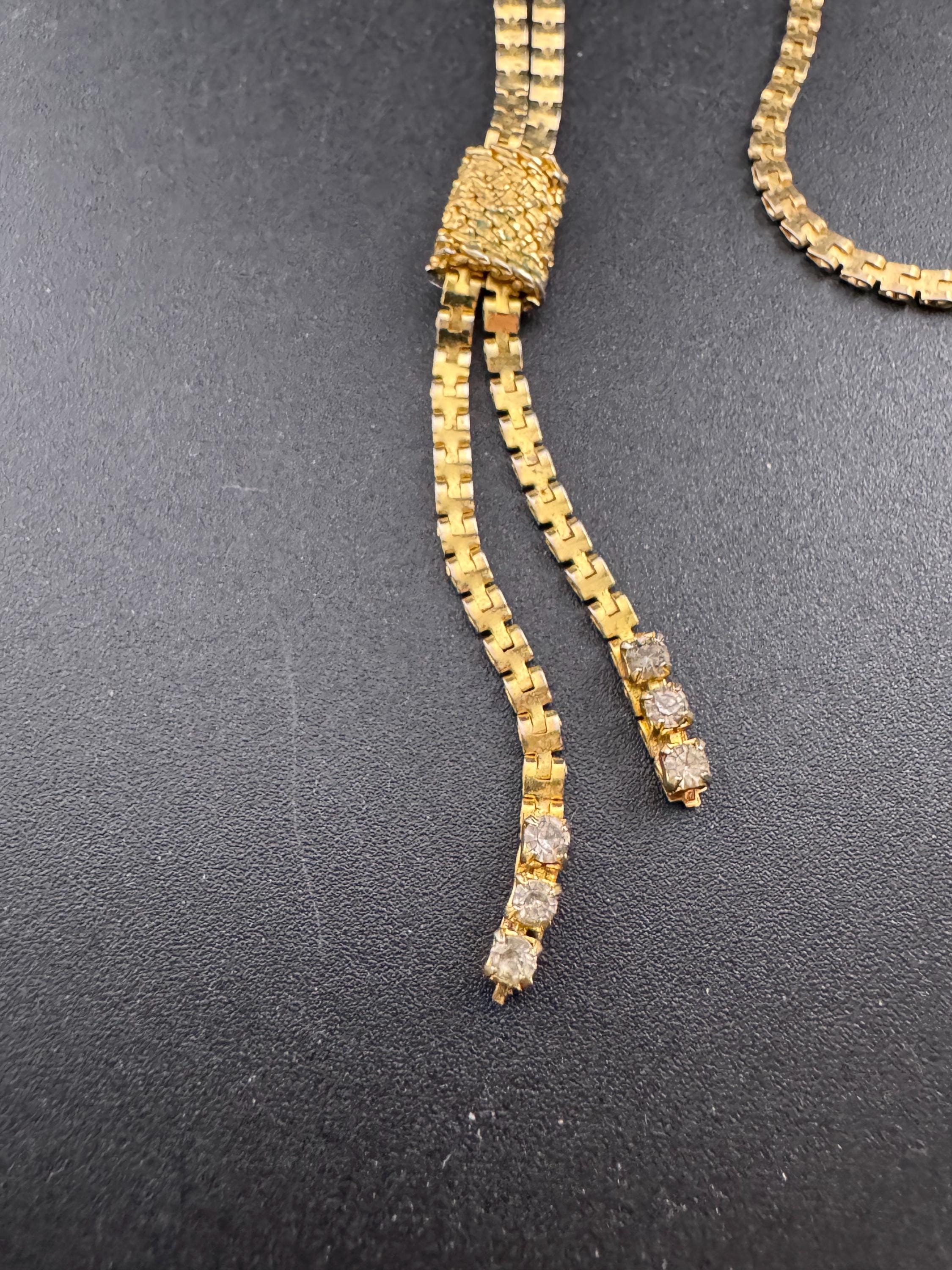 Vintage Gold Lariat Necklace: Diamanté Tassel Drop, 43-50cm