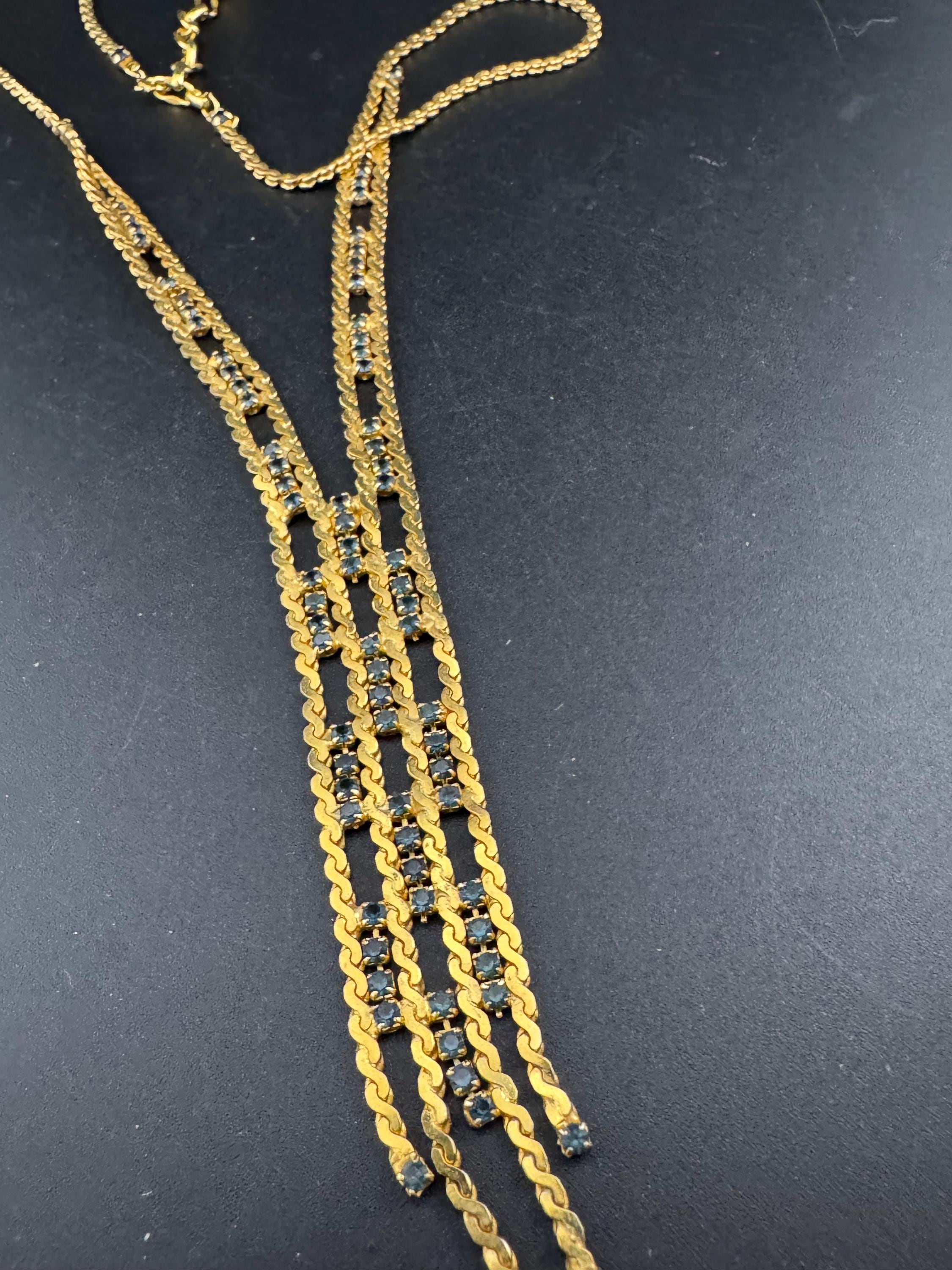 Vintage 1960s 1970s gold tone mesh lariat drop knot necklace with sapphire blue glass paste stones adj to 54cm