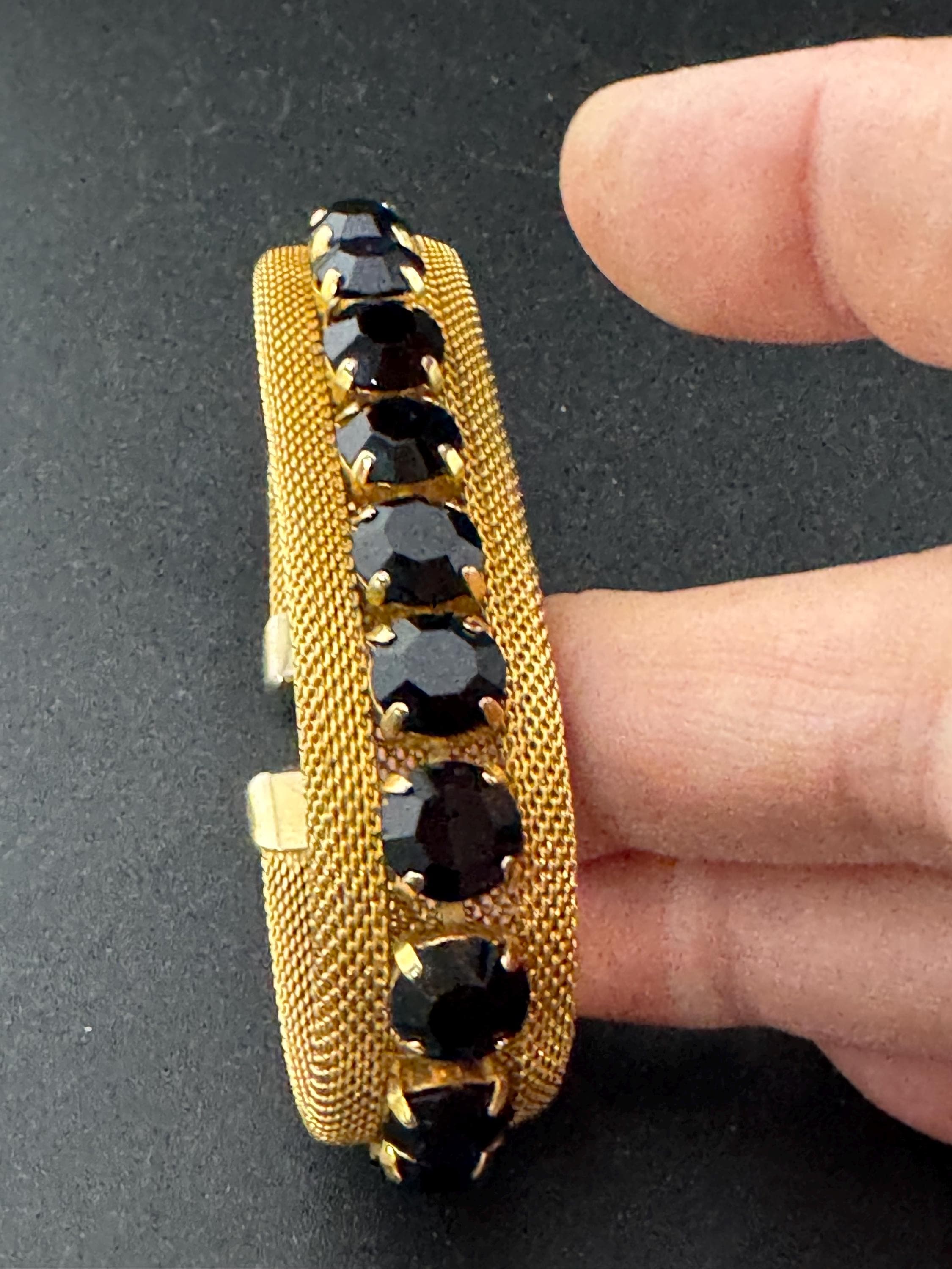 Vintage black rhinestone paste Glass Gold Tone mesh wide cocktail bracelet