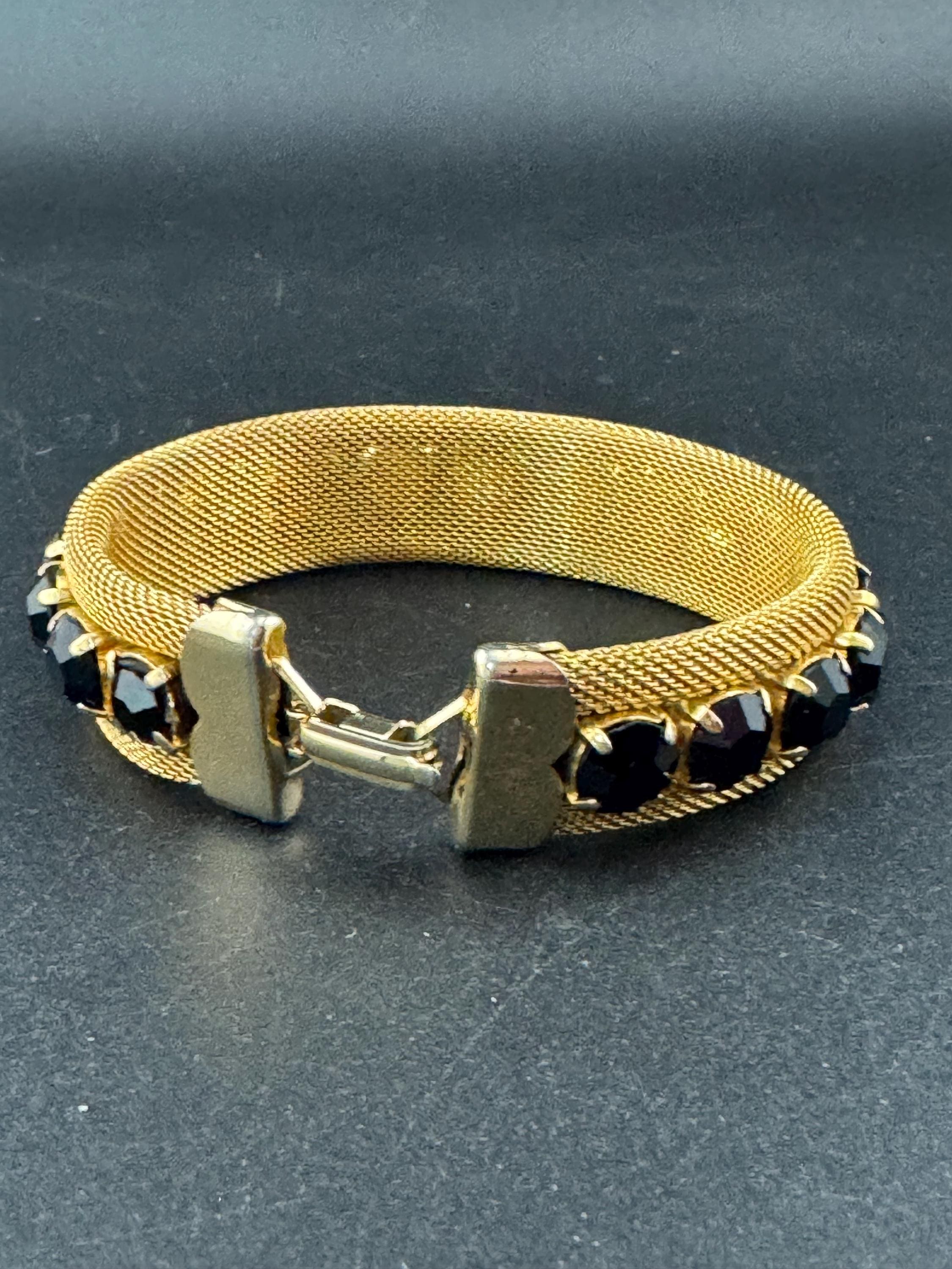 Vintage black rhinestone paste Glass Gold Tone mesh wide cocktail bracelet