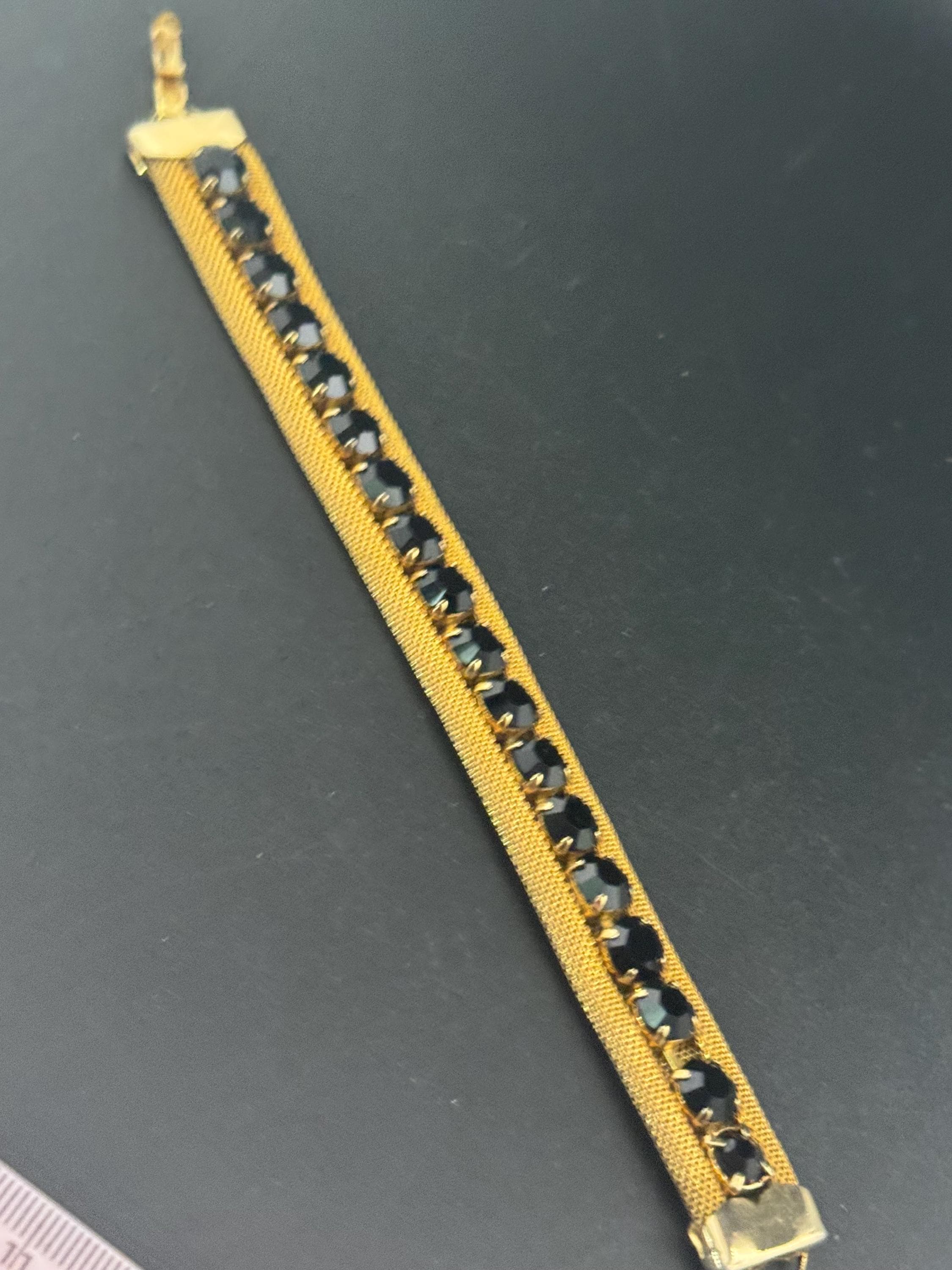 Vintage black rhinestone paste Glass Gold Tone mesh wide cocktail bracelet