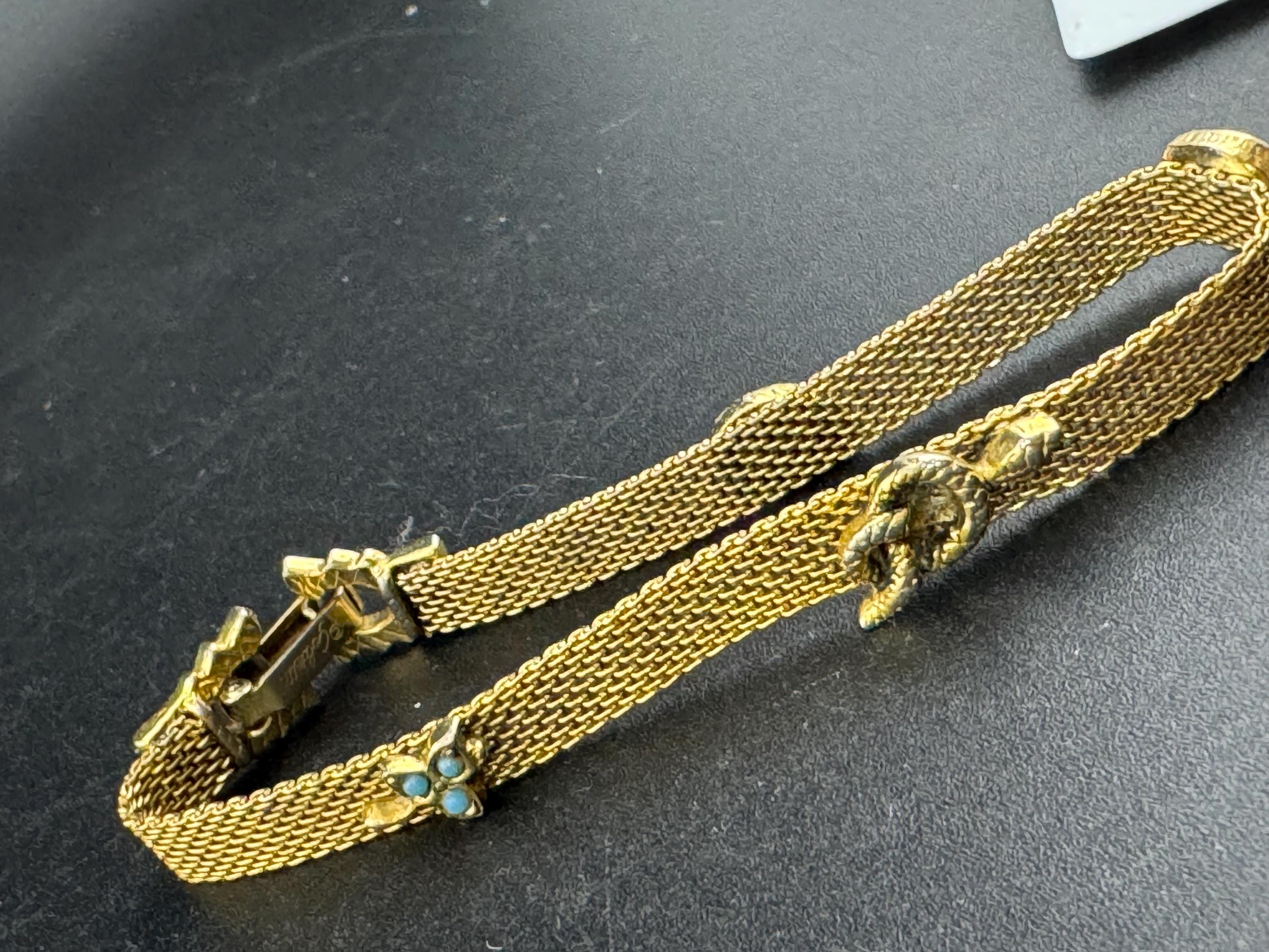 signed goldette Vintage Gold Tone mesh bracelet set with turquoise beads, snake, seed pearls and red heart rhinestone