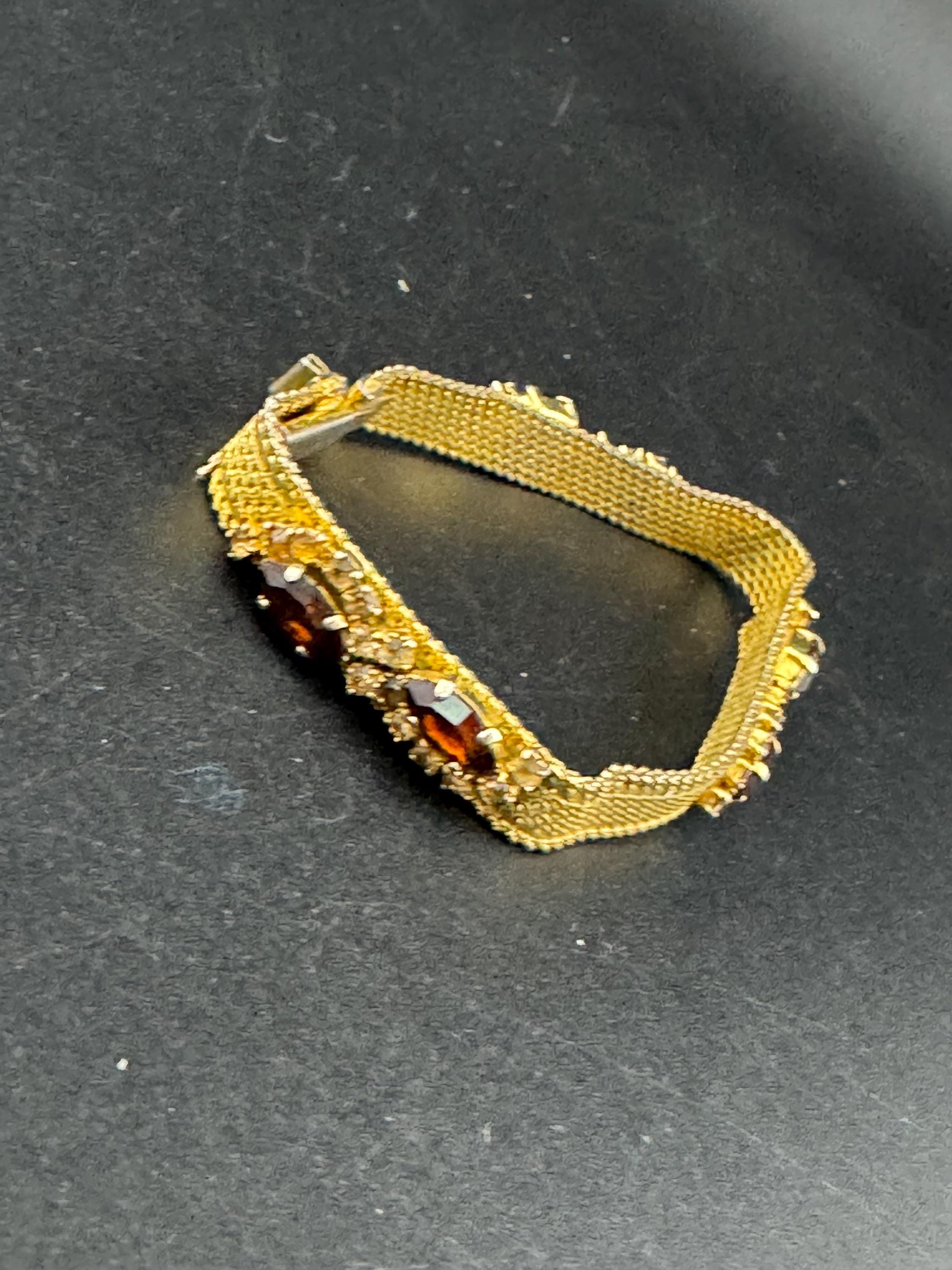 Vintage Rhinestone Cocktail Bracelet: Cognac Paste Glass Cabochon, Gold Tone Mesh, 1960s Hollywood Glamour