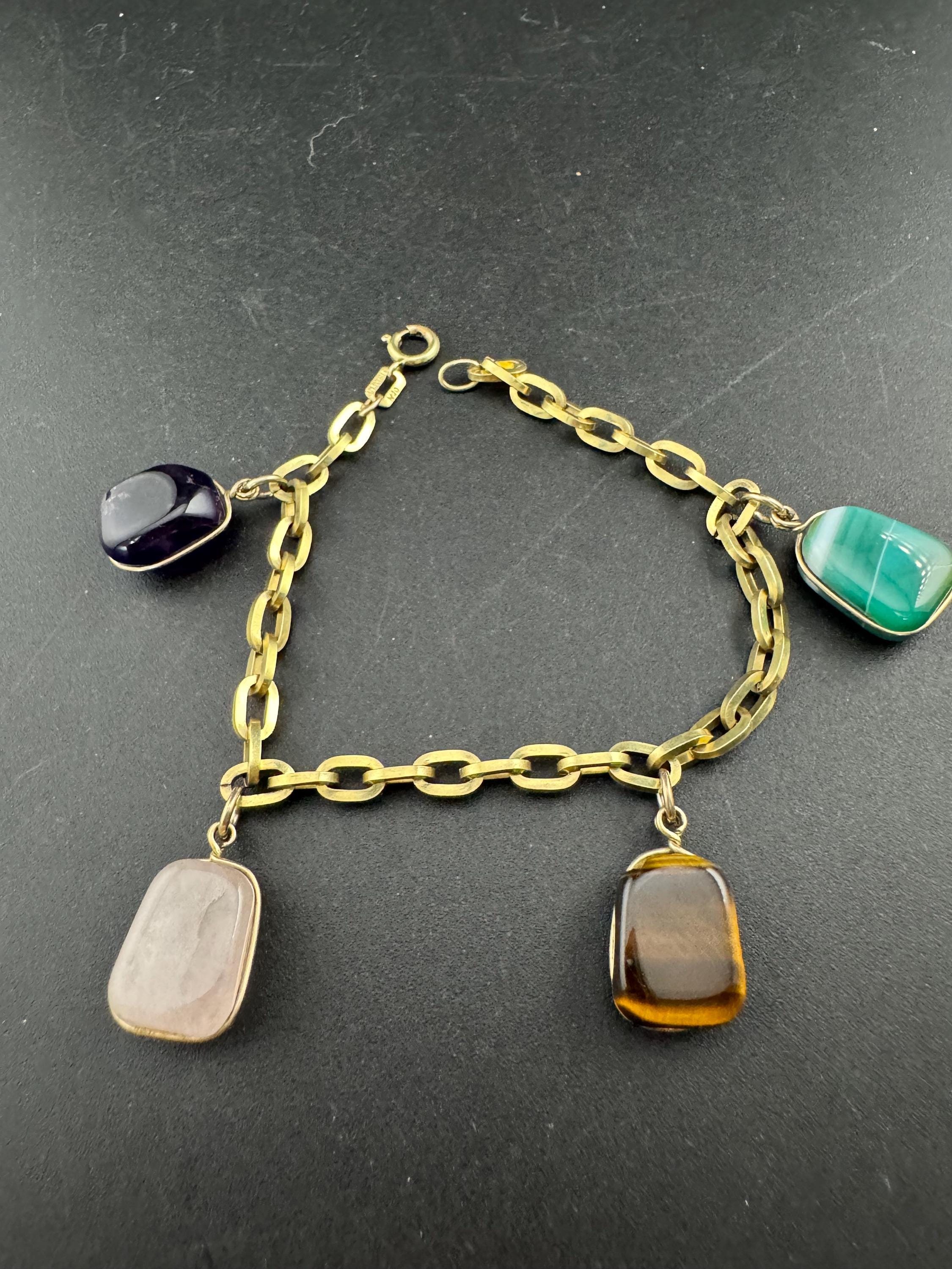 Vintage 1940s Gold Tone Charm Bracelet: Gemstone Charms, 19.5cm