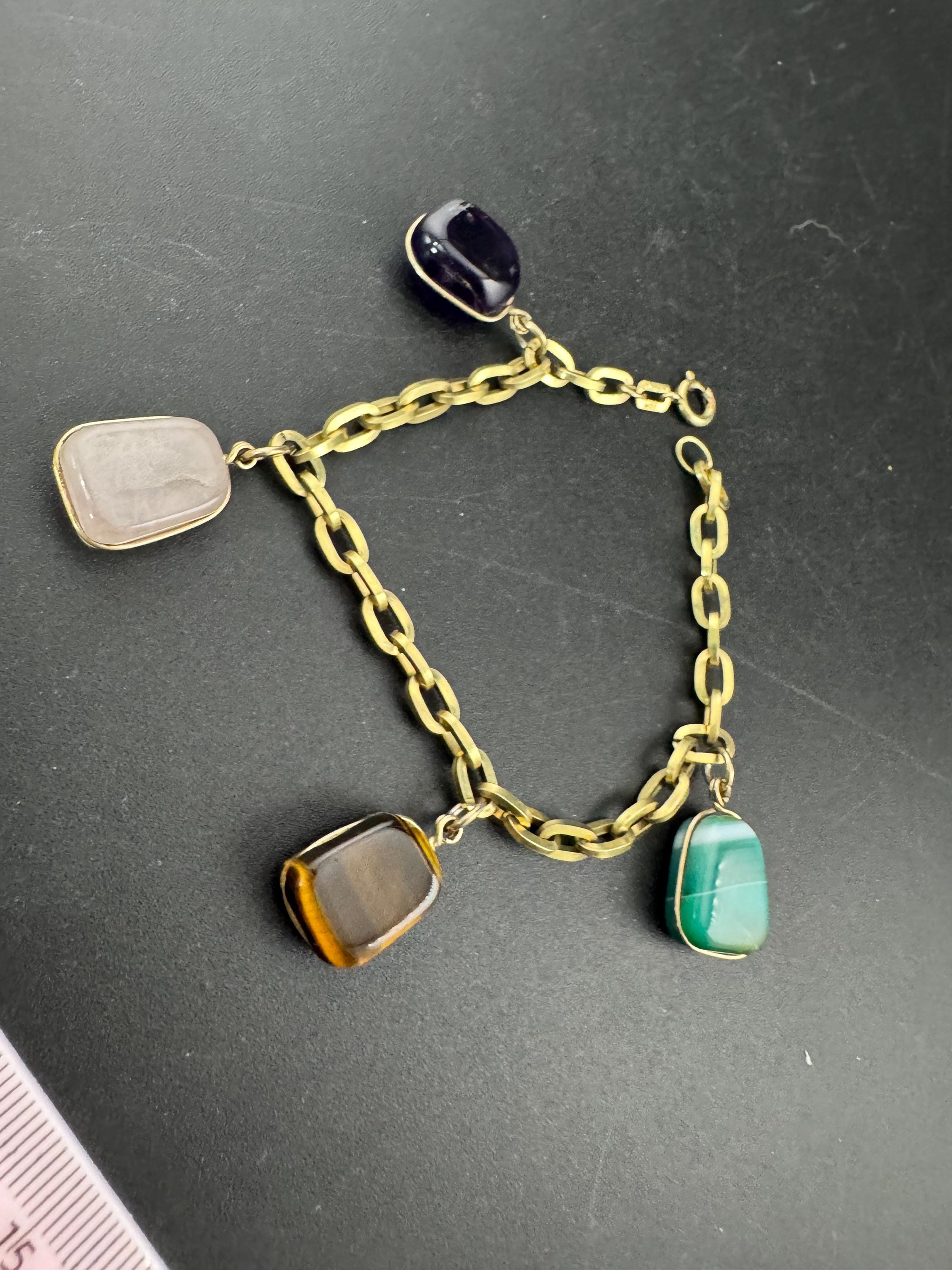 Vintage 1940s Gold Tone Charm Bracelet: Gemstone Charms, 19.5cm