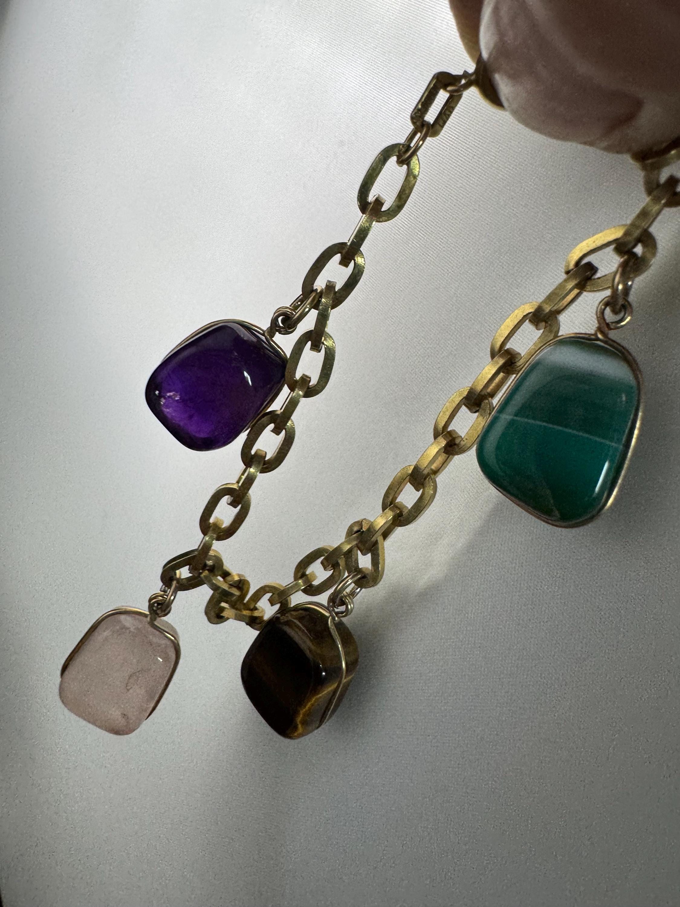 Vintage 1940s Gold Tone Charm Bracelet: Gemstone Charms, 19.5cm