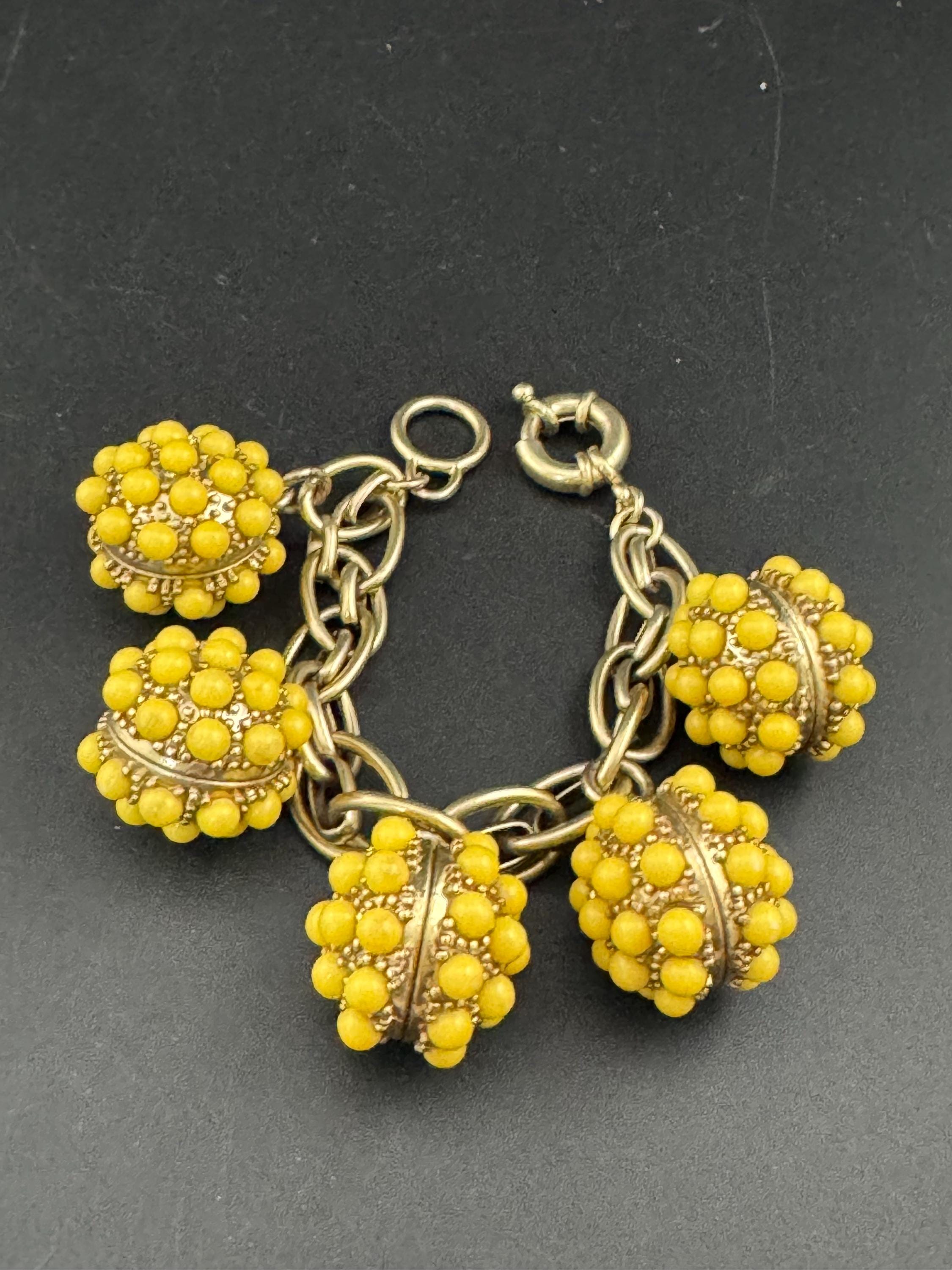 Huge Vintage Gold tone chain link very chunky 3cm yellow beaded orb charm bracelet 1960s 1950s 19cm