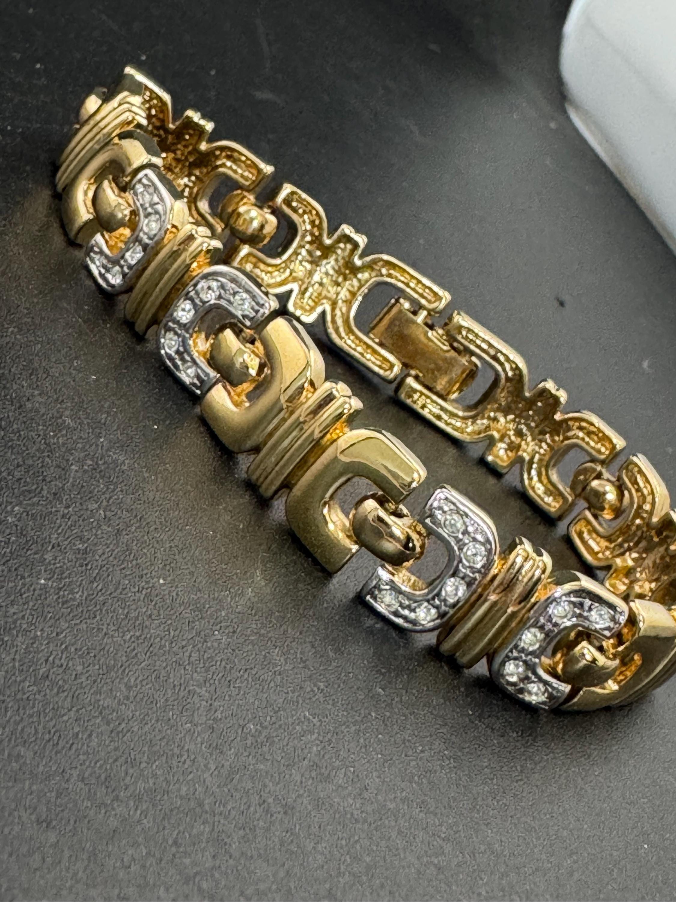 Retro 1980s gold tone diamanté crystal set panther brick chain link bracelet 18.5cm x 12mm