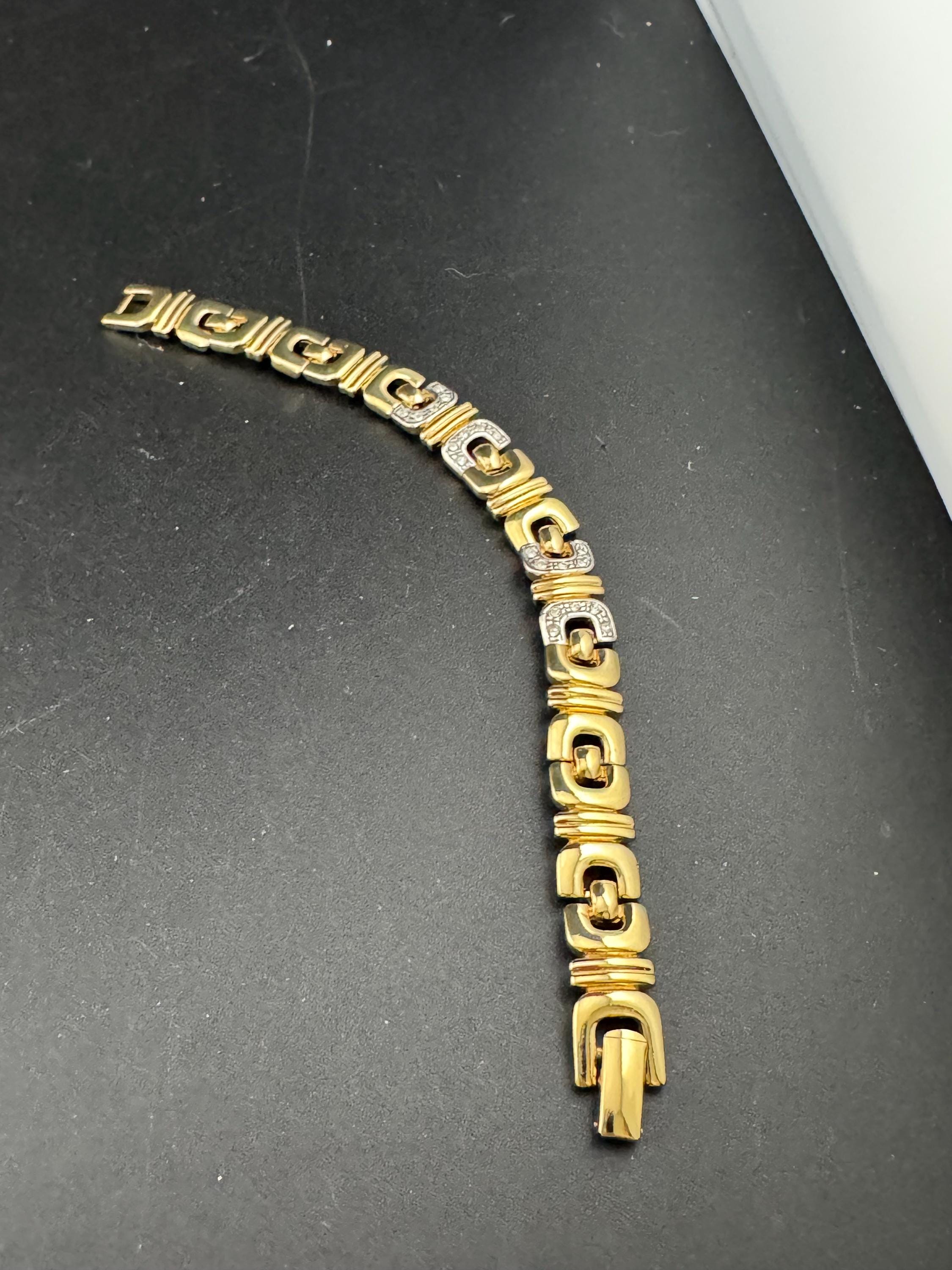 Retro 1980s gold tone diamanté crystal set panther brick chain link bracelet 18.5cm x 12mm