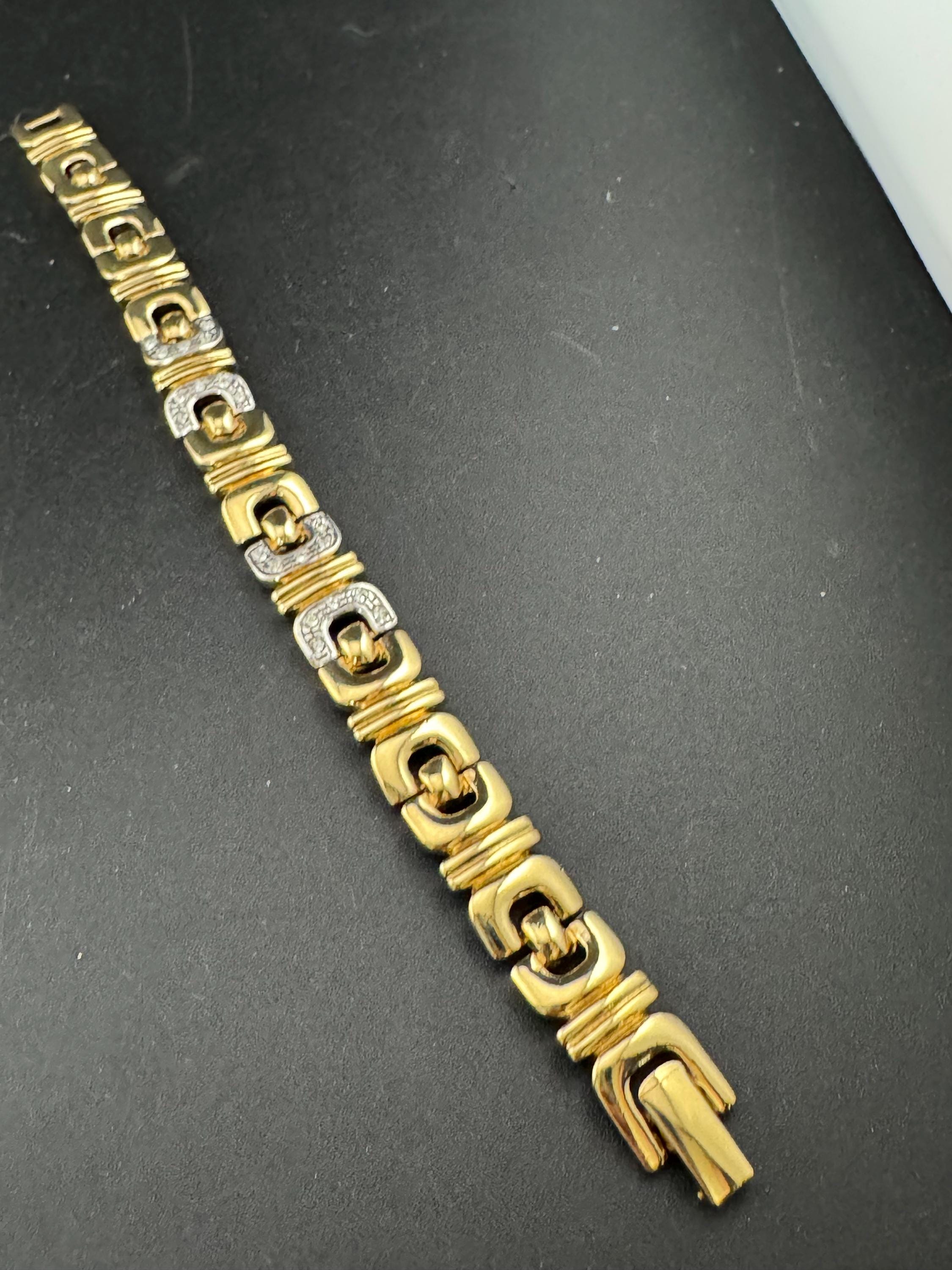 Retro 1980s gold tone diamanté crystal set panther brick chain link bracelet 18.5cm x 12mm