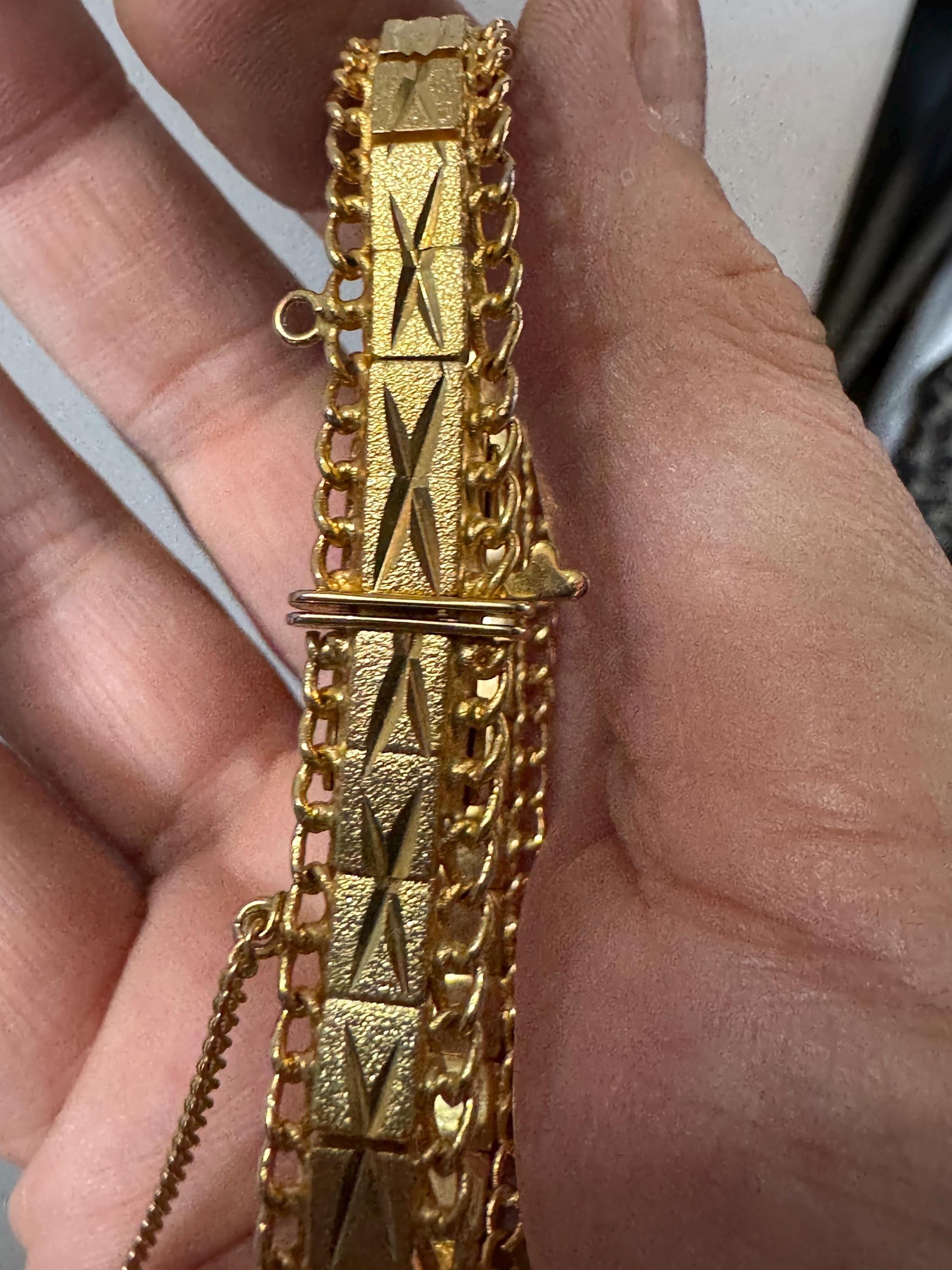 1970s articulated flat textured 18k gold plated wide chain etched  bracelet stamped