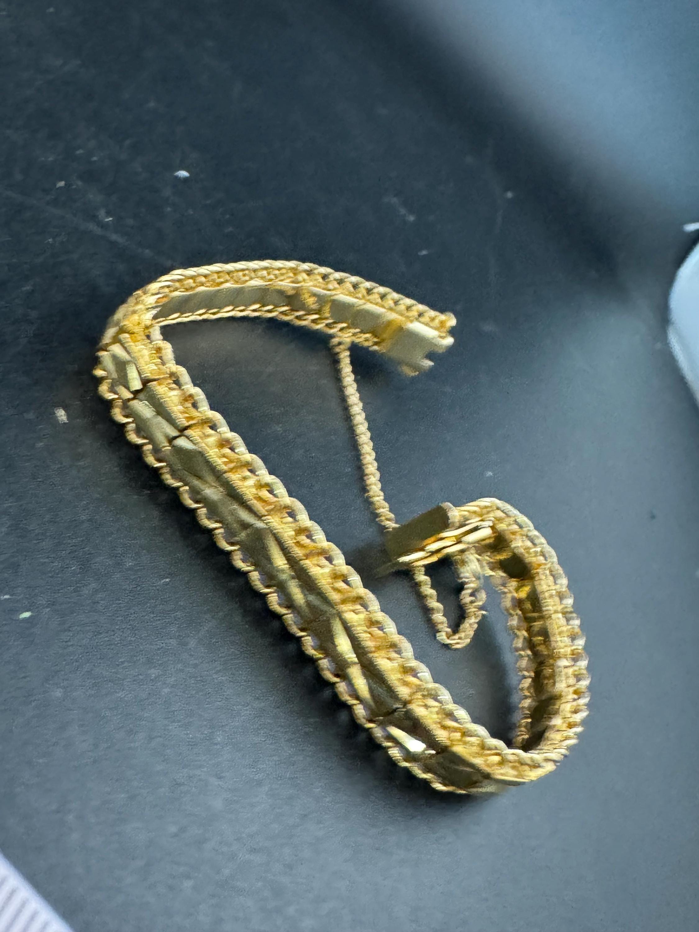 1970s articulated flat textured 18k gold plated wide chain etched  bracelet stamped