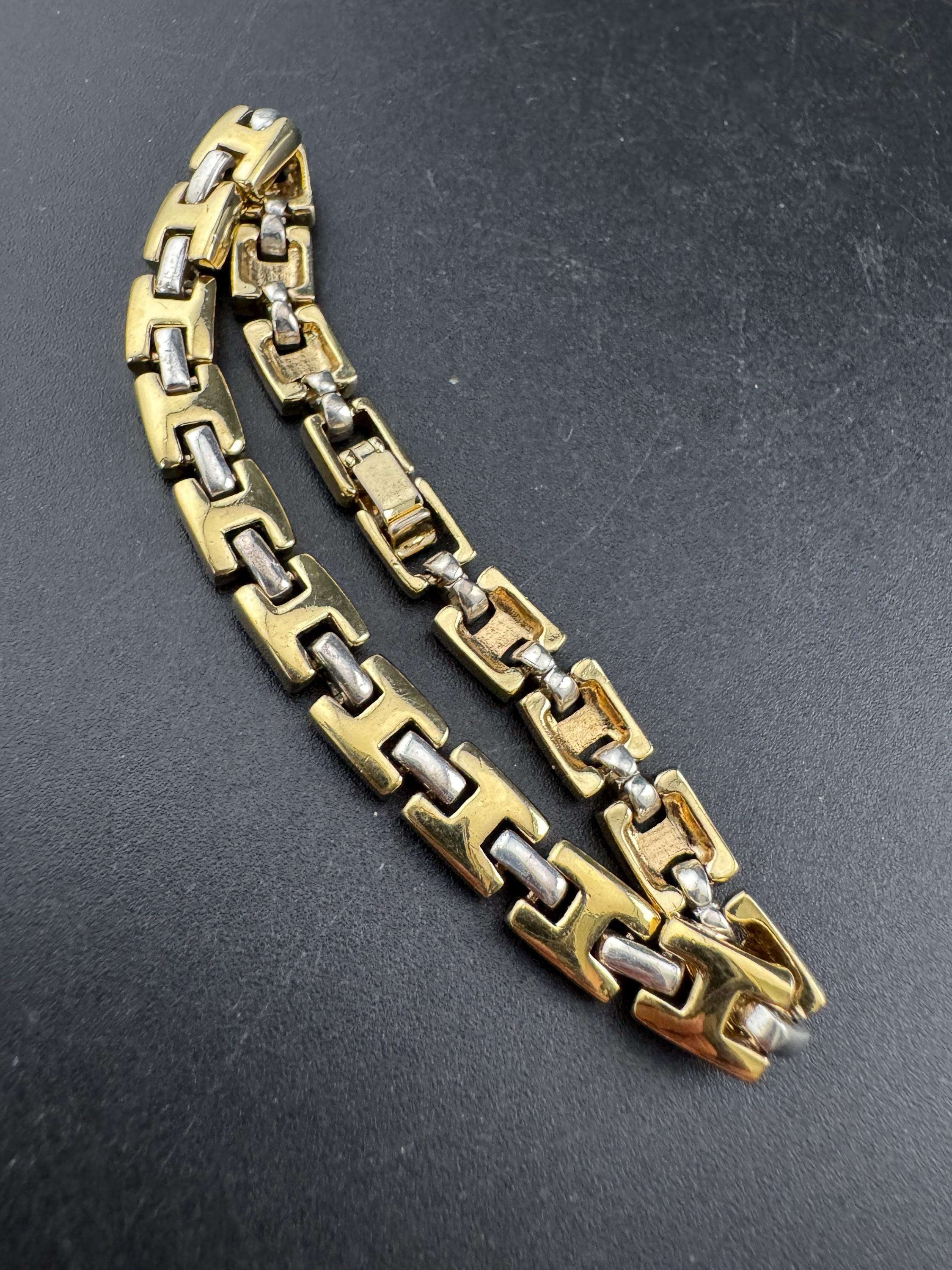 Retro gold and silver tone panel link bracelet 19cm x 8mm 80s 90s