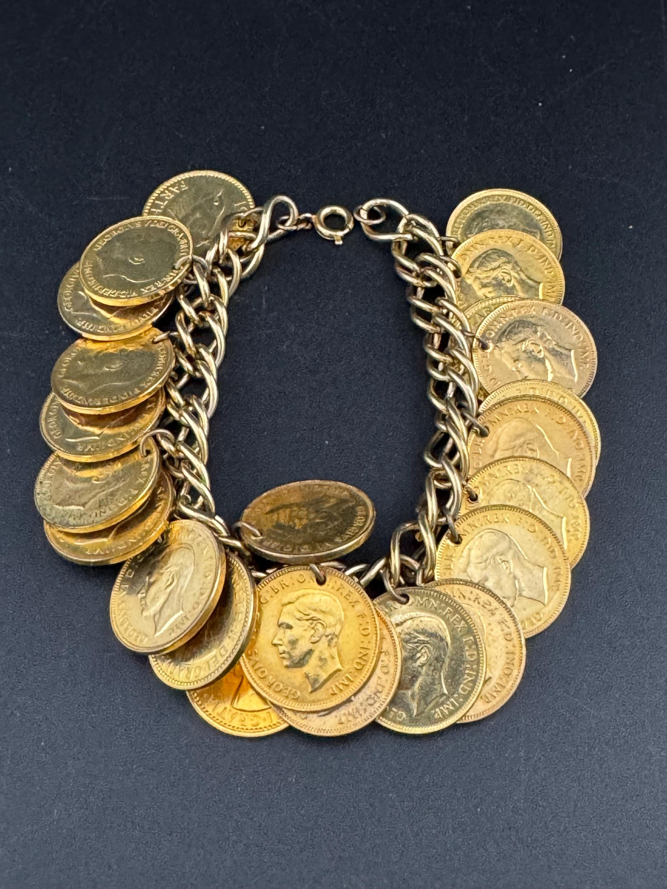 vintage oversized fully loaded farthing Gold tone coin charm bracelet 19cm