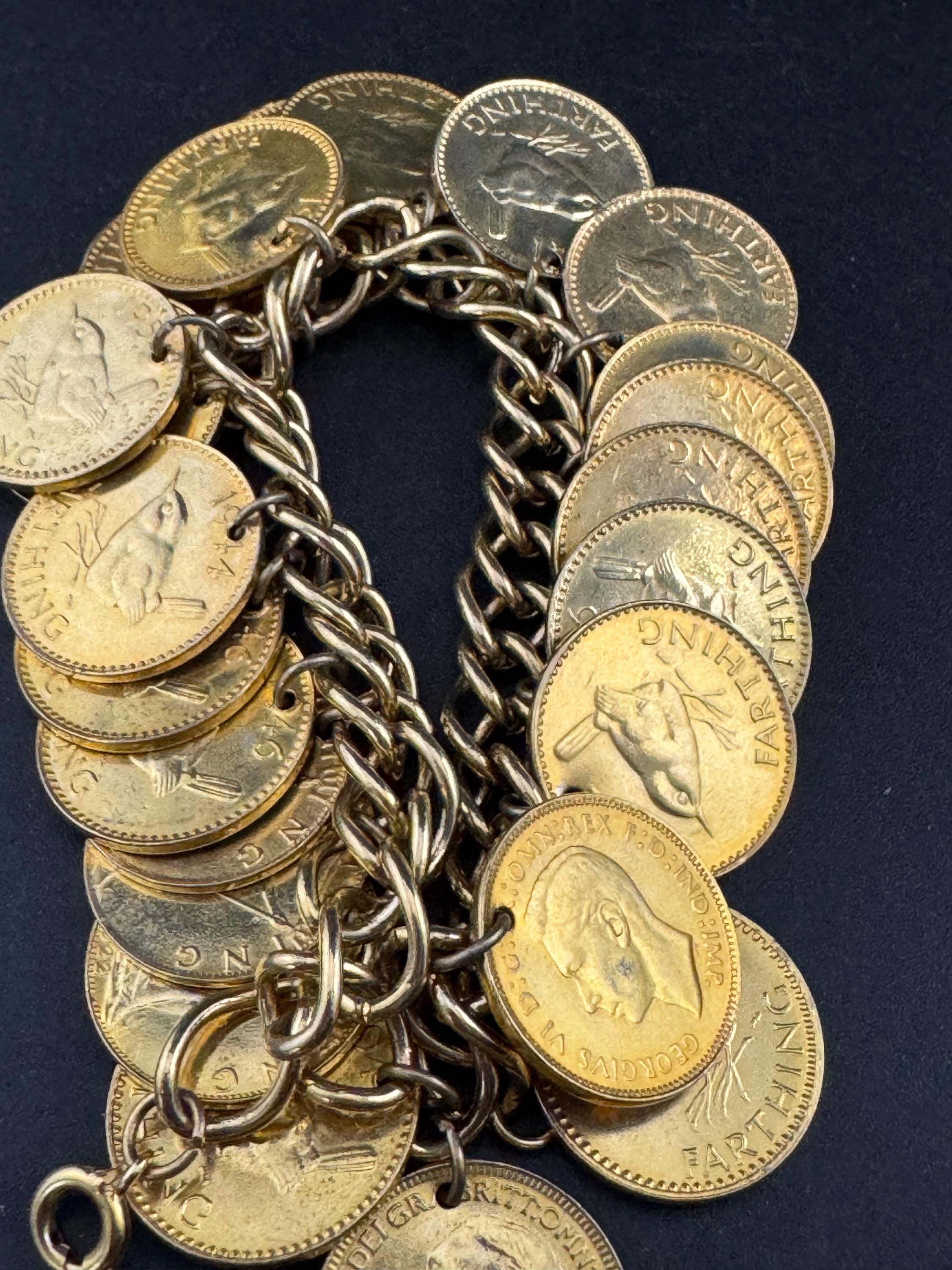vintage oversized fully loaded farthing Gold tone coin charm bracelet 19cm