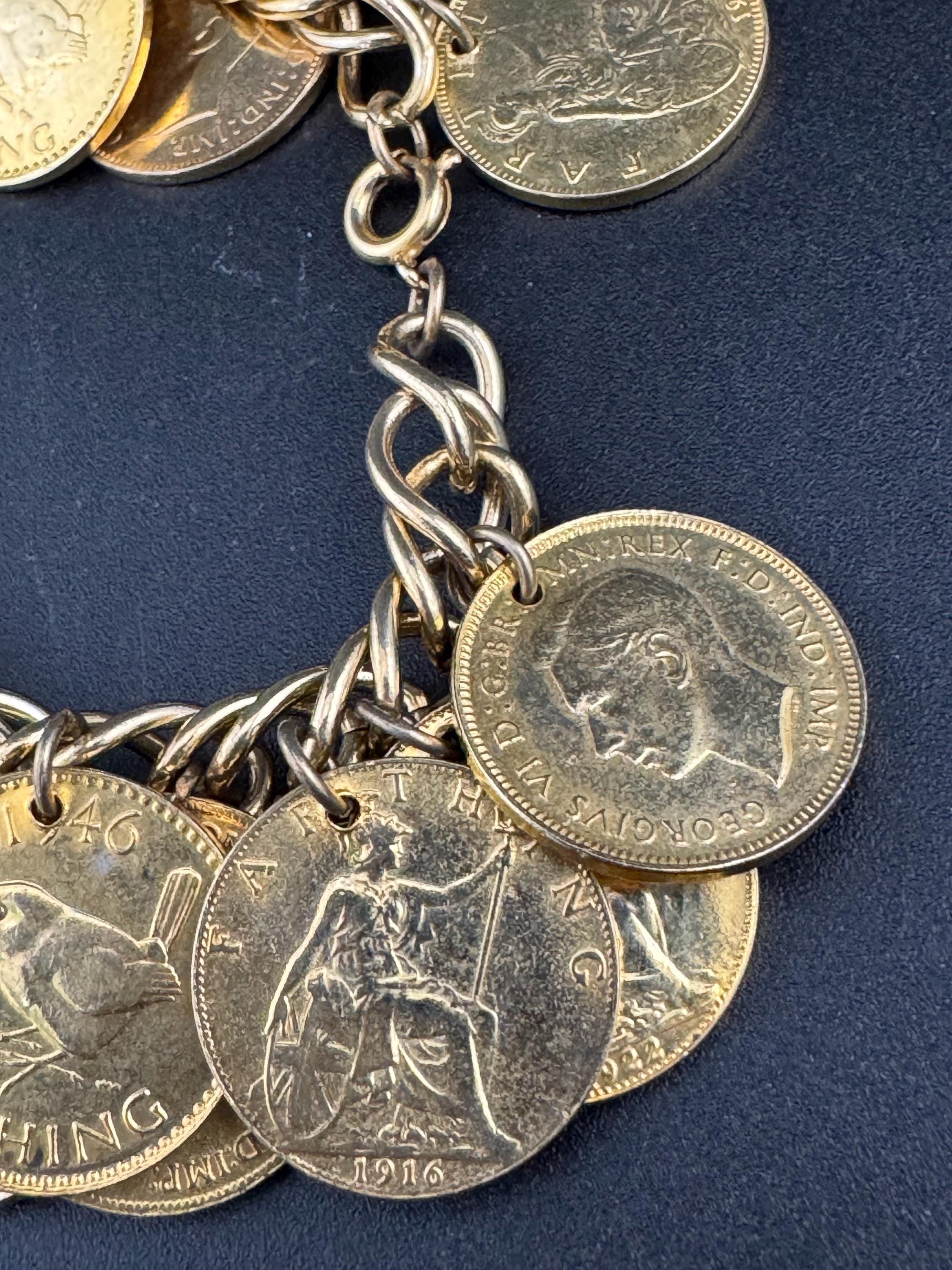 vintage oversized fully loaded farthing Gold tone coin charm bracelet 19cm
