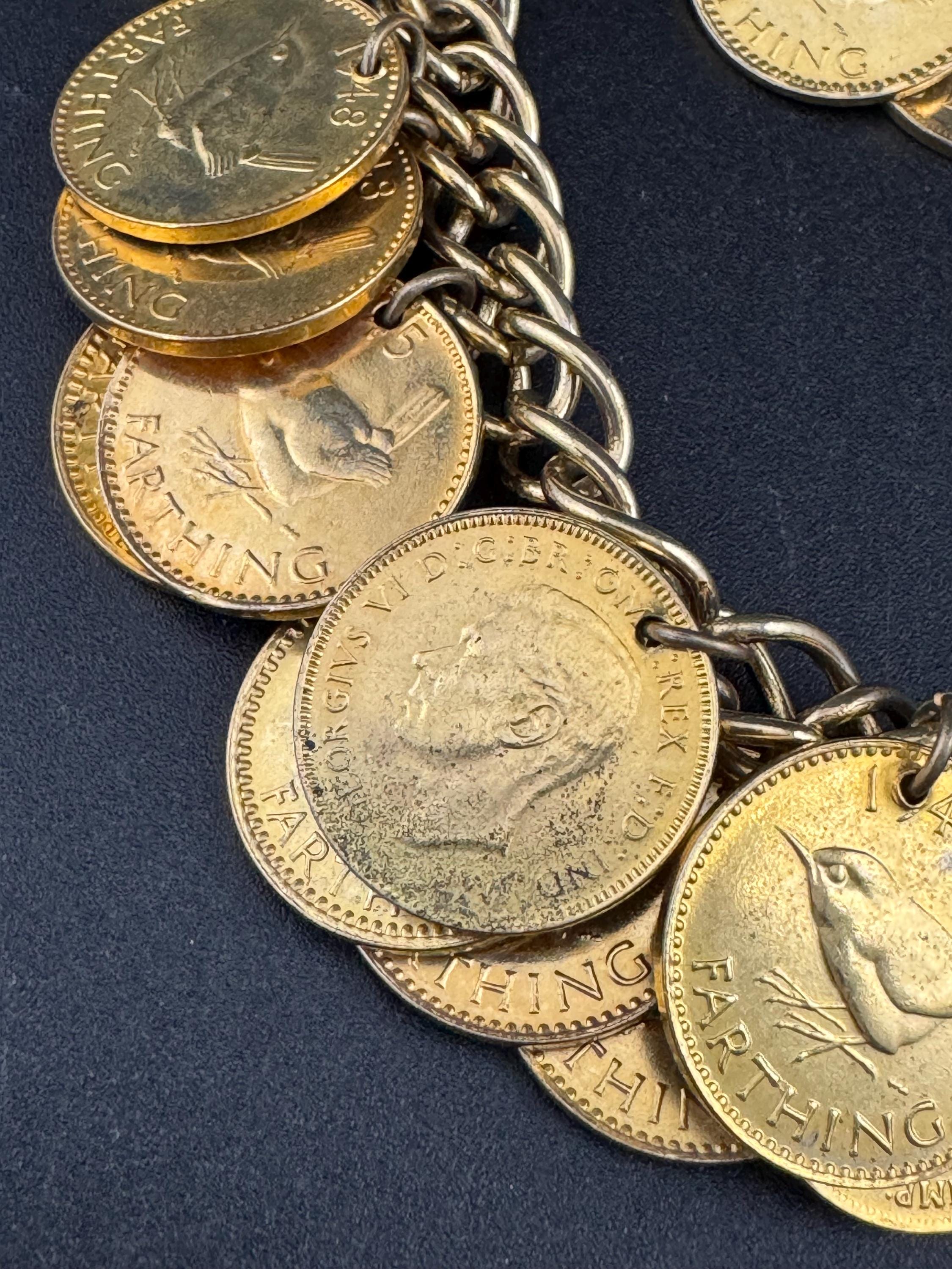 vintage oversized fully loaded farthing Gold tone coin charm bracelet 19cm