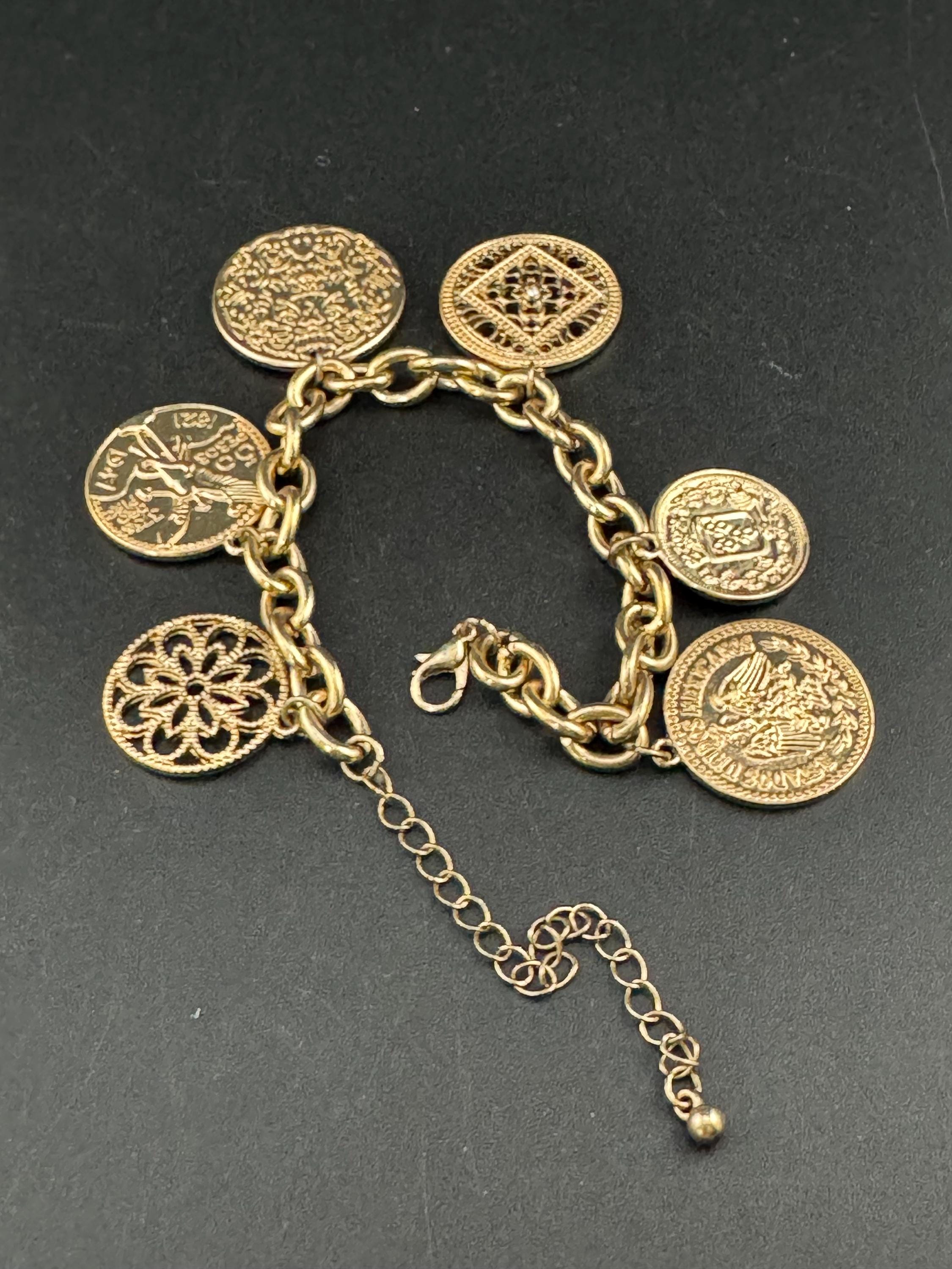 Retro y2k oversized Gold tone coin disc charm bracelet 19-25cm